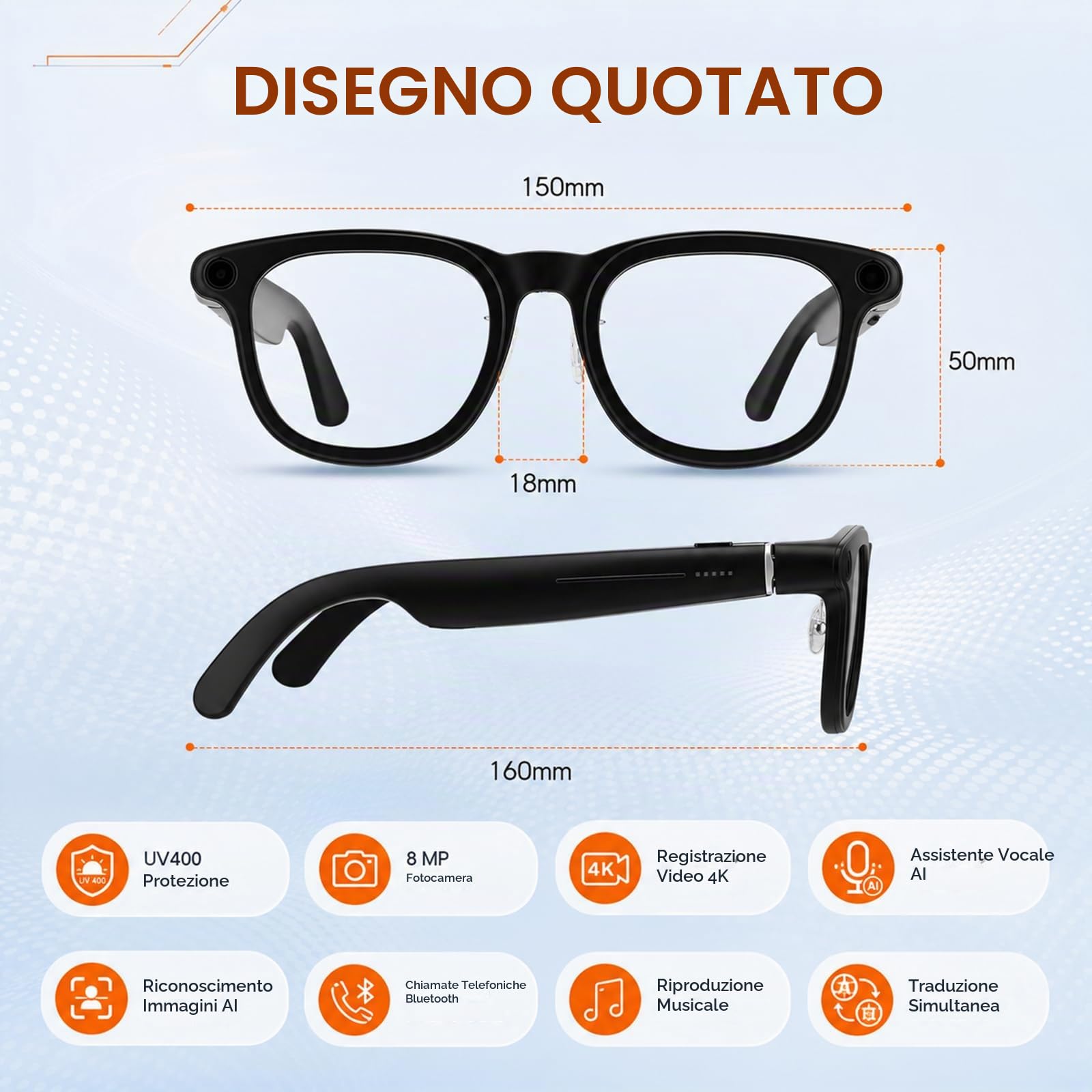 AI Smart Glasses con fotocamera, occhiali per registrazione video 4K HD, traduzione in tempo reale in 163 lingue, assistente vocale GPT KI, Bluetooth, con controllo vocale, fotocromatico UV400 Smart