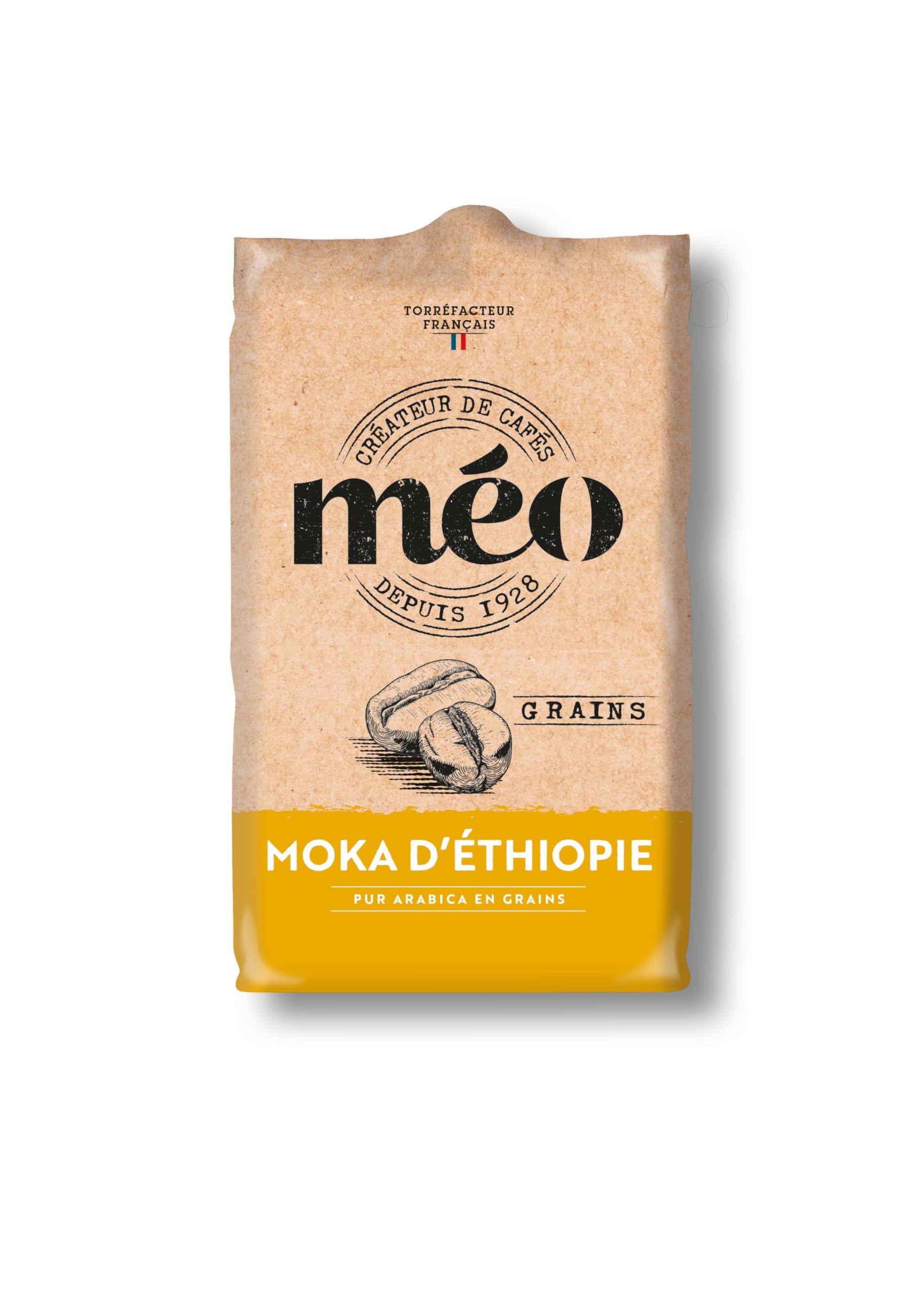 Cafés Méo - Café en Grains Moka d'Ethiopie Pur Arabica - 3 kg - Intensité 5/10 - Arômes Authentiques, Suave, Fruité et Floral - Lot de 6 x 500 gr