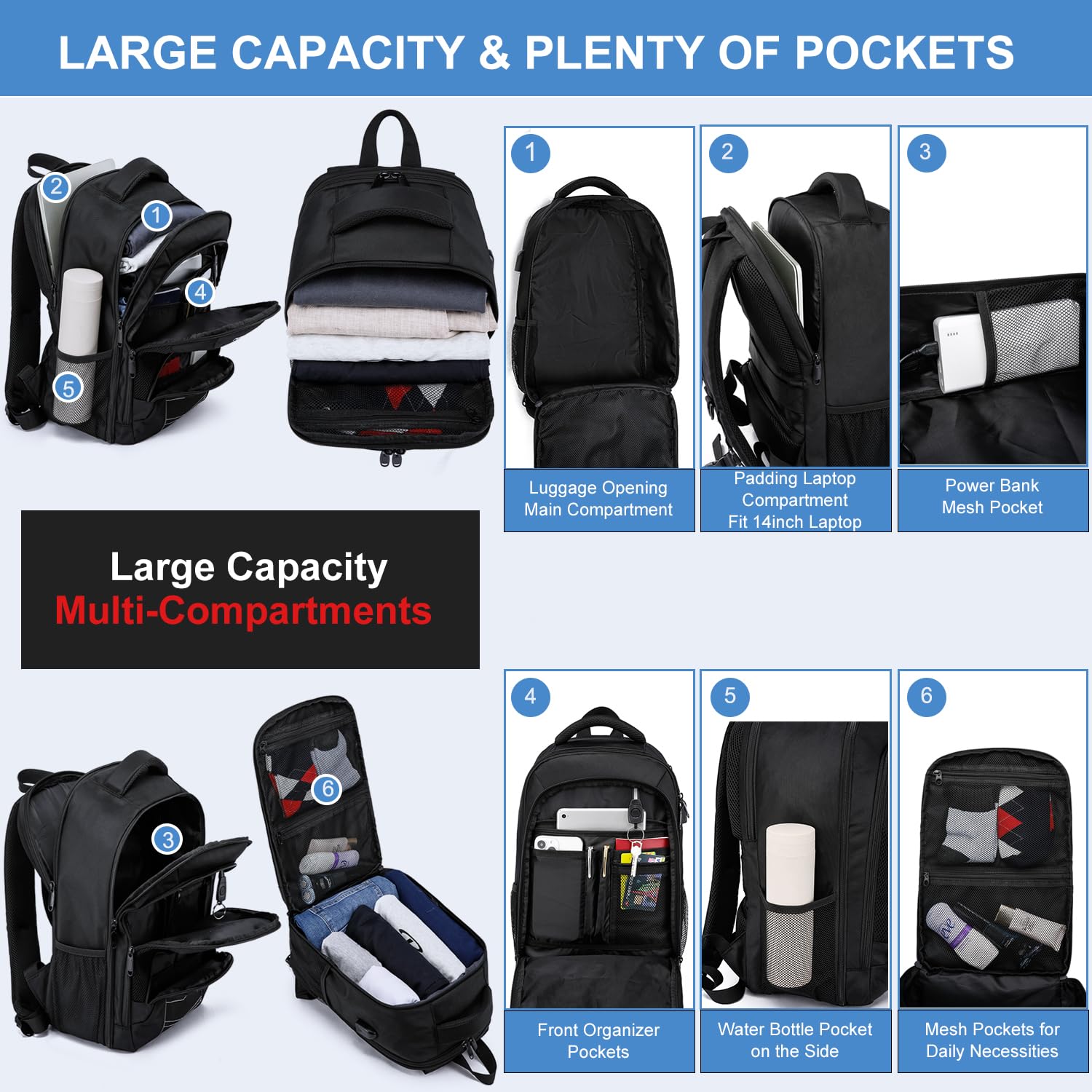 Zaino per Ryanair 40x20x25 Zaino da Viaggio Aereo Zaino Bagaglio a Mano Borsa da Cabina per Voli Zaini Casual 14 Pollici Zaino Porta PC Uomo Donna con Caricatore USB per Scuola Lavoro Trekking, Nero