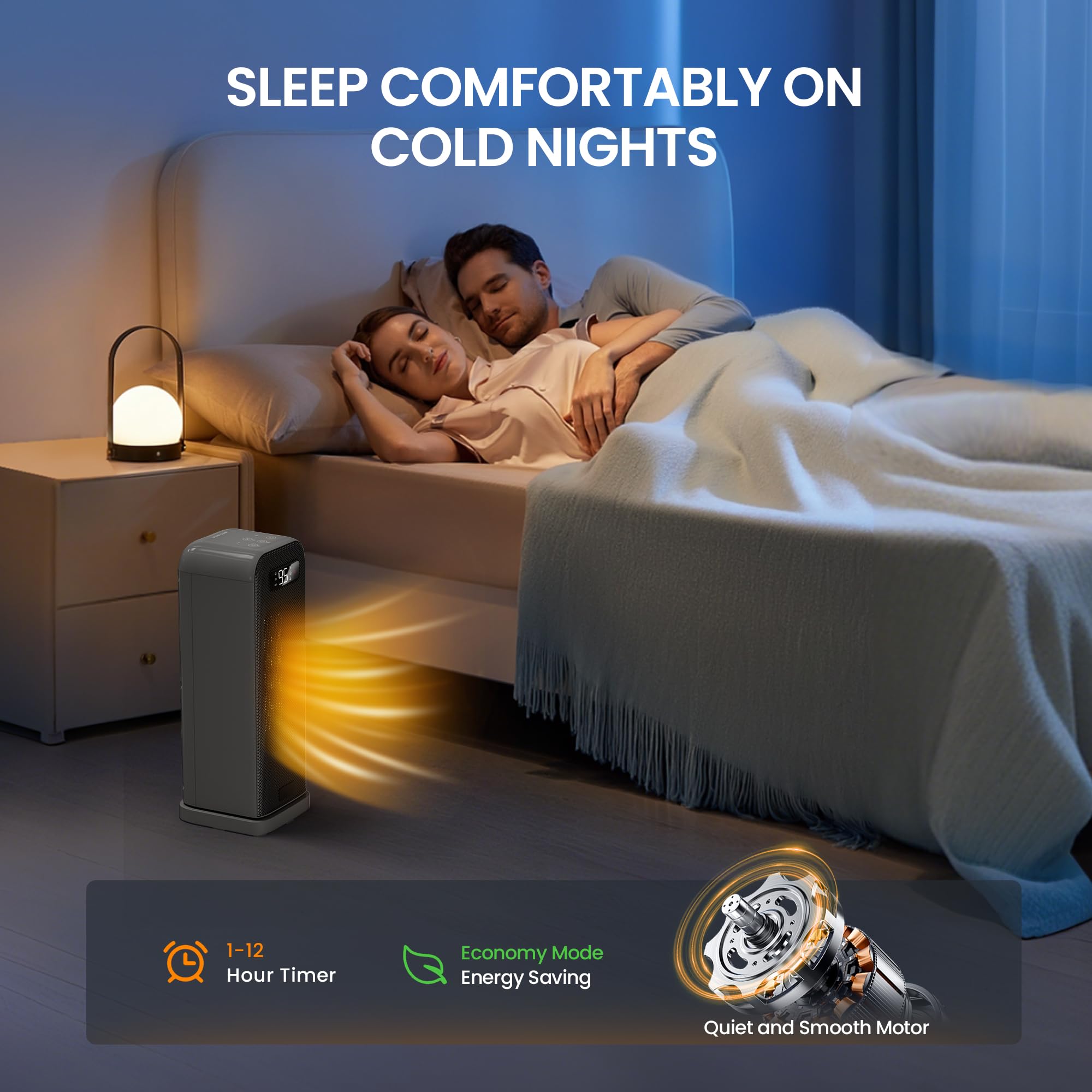 FLANUR Calentador de espacio para recámara, calentador eléctrico inteligente con WiFi y control de voz, temporizador de 12 horas, 4 modos, termostato, calentador de cerámica PTC de 1500 W, calefacción
