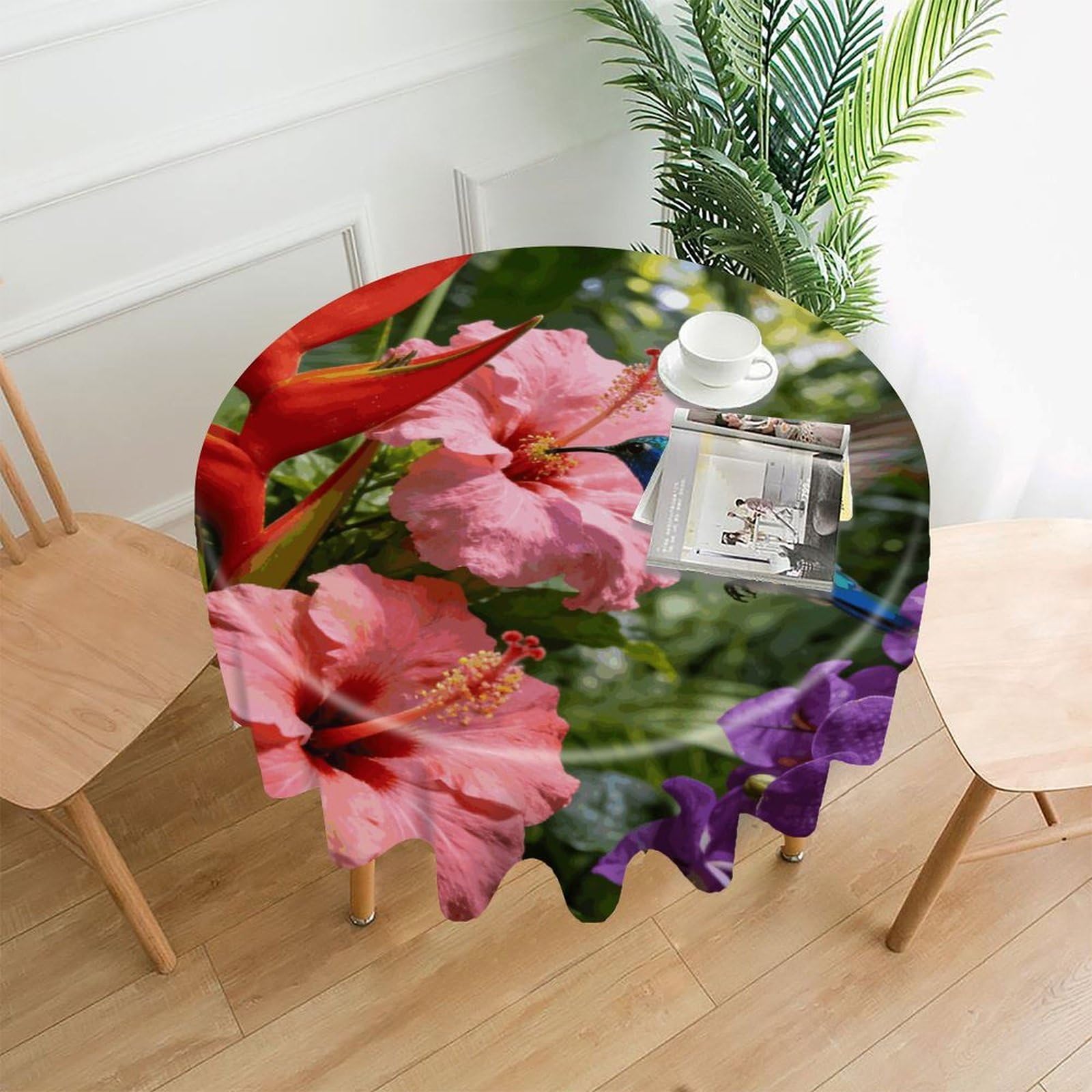 LDGSUPH Tropical Flowers and Hummingbirds Round Tablecloth Cover Washable Luxurious Fabric Table Cover Decor Wrinkle Free Fashion Round Table Cloth for Home Dining Kitchen Party 60 in