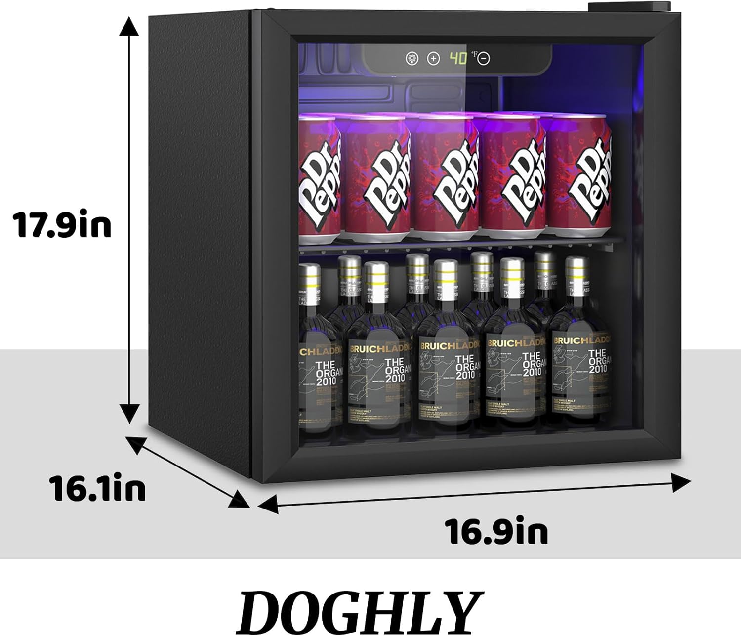 DOGHLY 1.3 Cu.ft Beverage Refrigerator Cooler, 60 Cans Mini Fridge with Glass Door, and Temperature controllable switch for Soda, Beer or Wine For Office or Bar with Removable Shelves