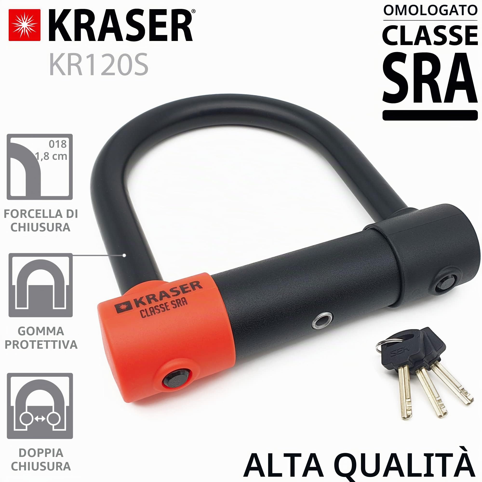 KRASER KR120S Lucchetto a U Blocco Ruota, Robusto, Omologato SRA, Alta Sicurezza Testata, Arco 120x125mm ø18mm Doppia Chiusura, Serratura Antistrappo, Antifurto U Lock per Moto, Scooter