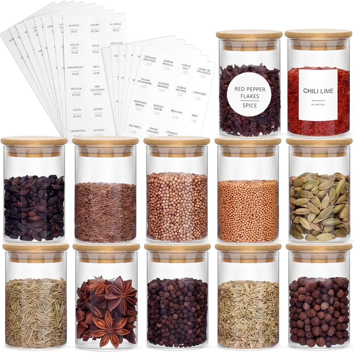BATINO 12Set Glass Spice Jars with Lids and Labels, Bamboo Spice Jars, 200ml Airtight Jars Round Glass Storage Jars Spice Storage Containers Glass Seasoning Jars for Spice, Salt, Sugar, Seeds, Nuts