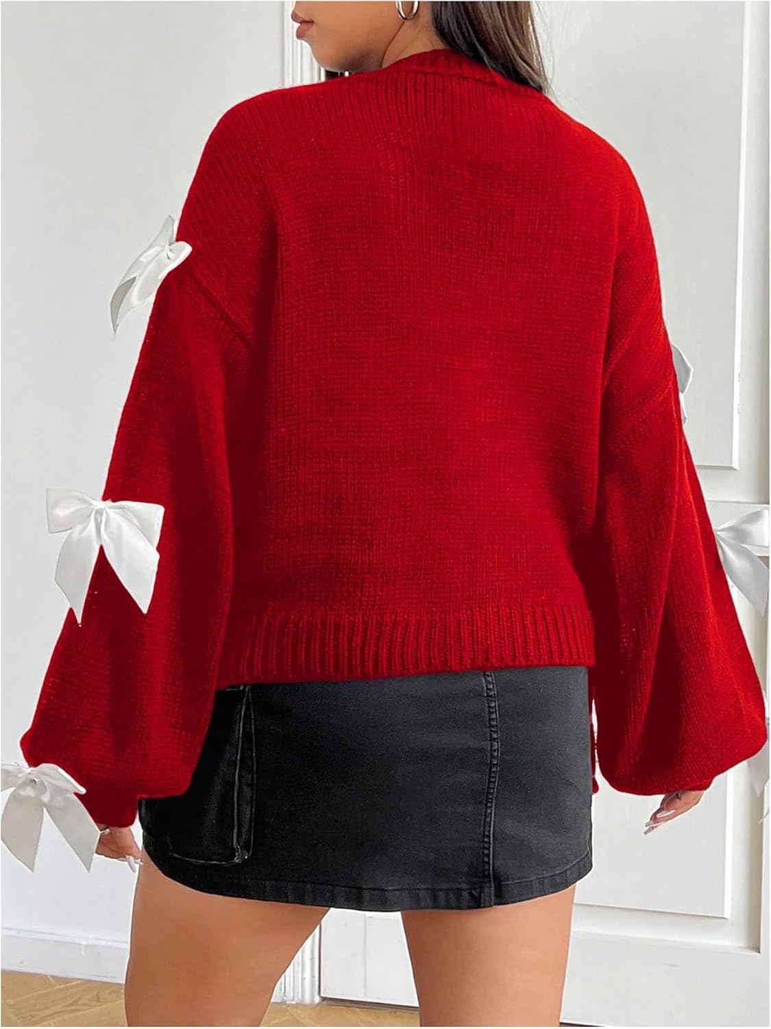 Women's Plus Size Bow Cardigan Sweater Open Front Long Sleeve Drop Shoulder Sweaters Knitted Cardigan