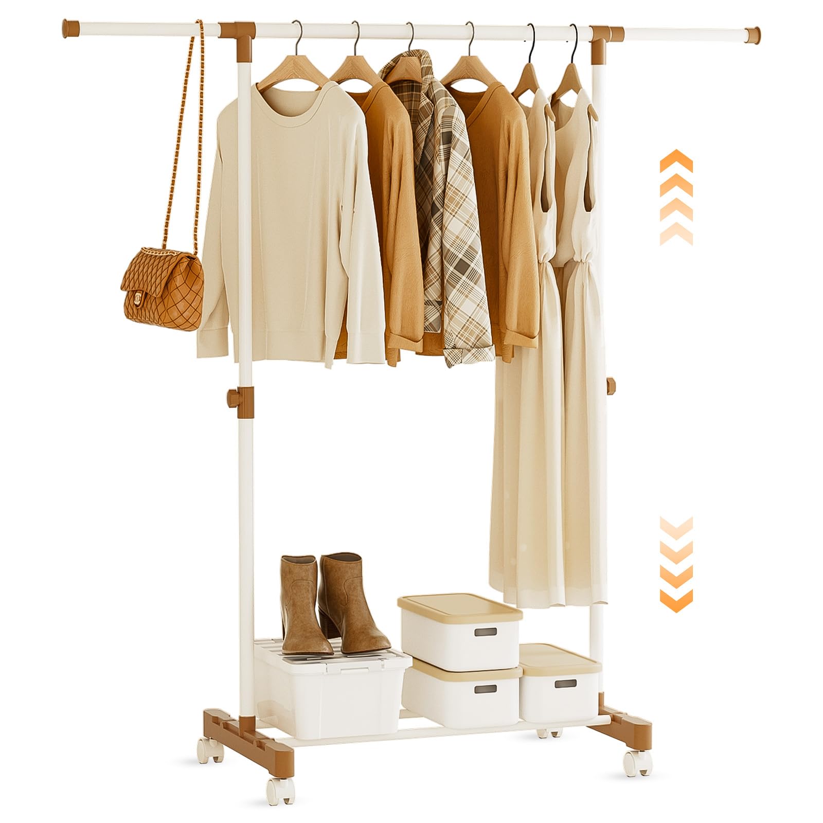JAUREE Garment Rack, Clothes Rack Height Adjustable, Heavy Duty Rolling Clothing Racks for Hanging Clothes, Expandable Short Clothing Rack, Standing Clothes Rack with Wheels