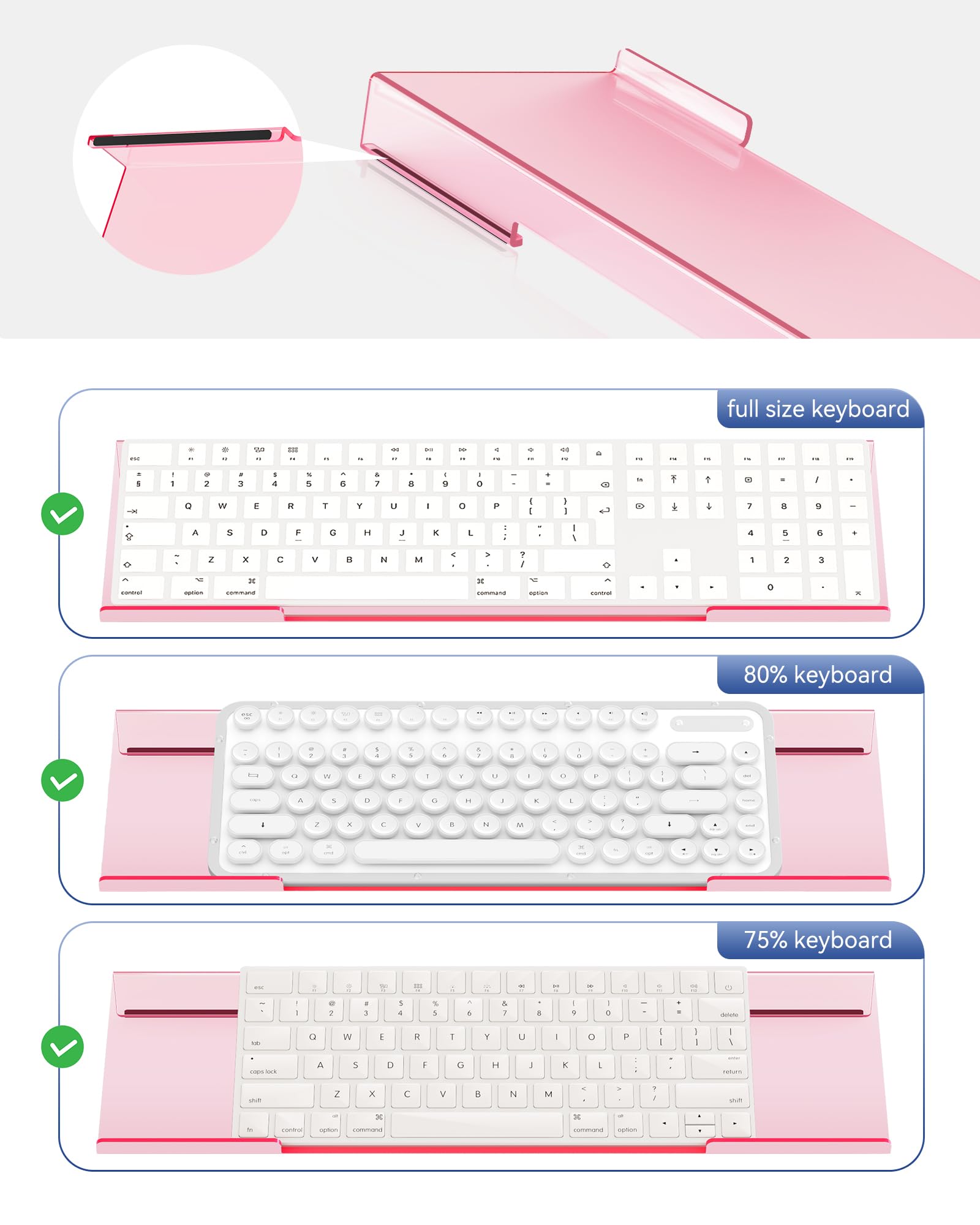 Support ergonomique pour clavier d'ordinateur de bureau (rose transparent), support surélevé incliné pour clavier, support rehausseur pour bureau, maison, travail