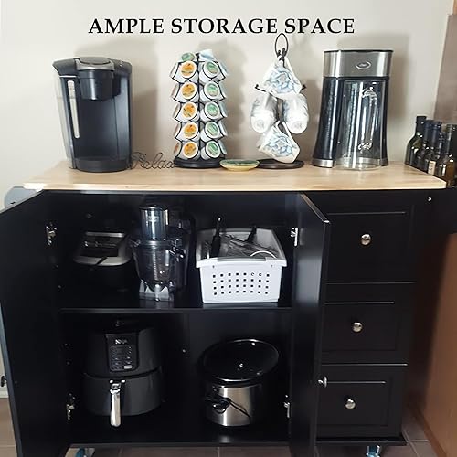 Miniatura 2 de PHI VILLA Isla de cocina negra rodante con almacenamiento, carrito de cocina portátil con hojas caídas sobre ruedas Blanco + roble,Verde,Blanco