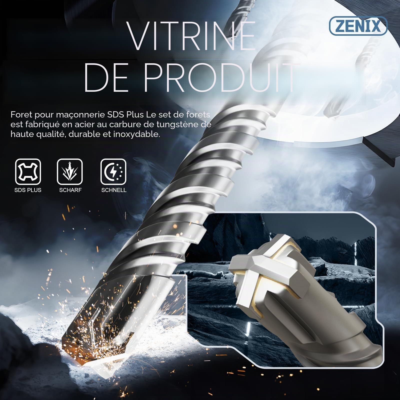 ZENIX Foret SDS Plus 32 x 600 mm – Foret à béton professionnel avec 4 tranchants – Idéal pour la pierre, la pierre naturelle, le mur de brique et le béton armé