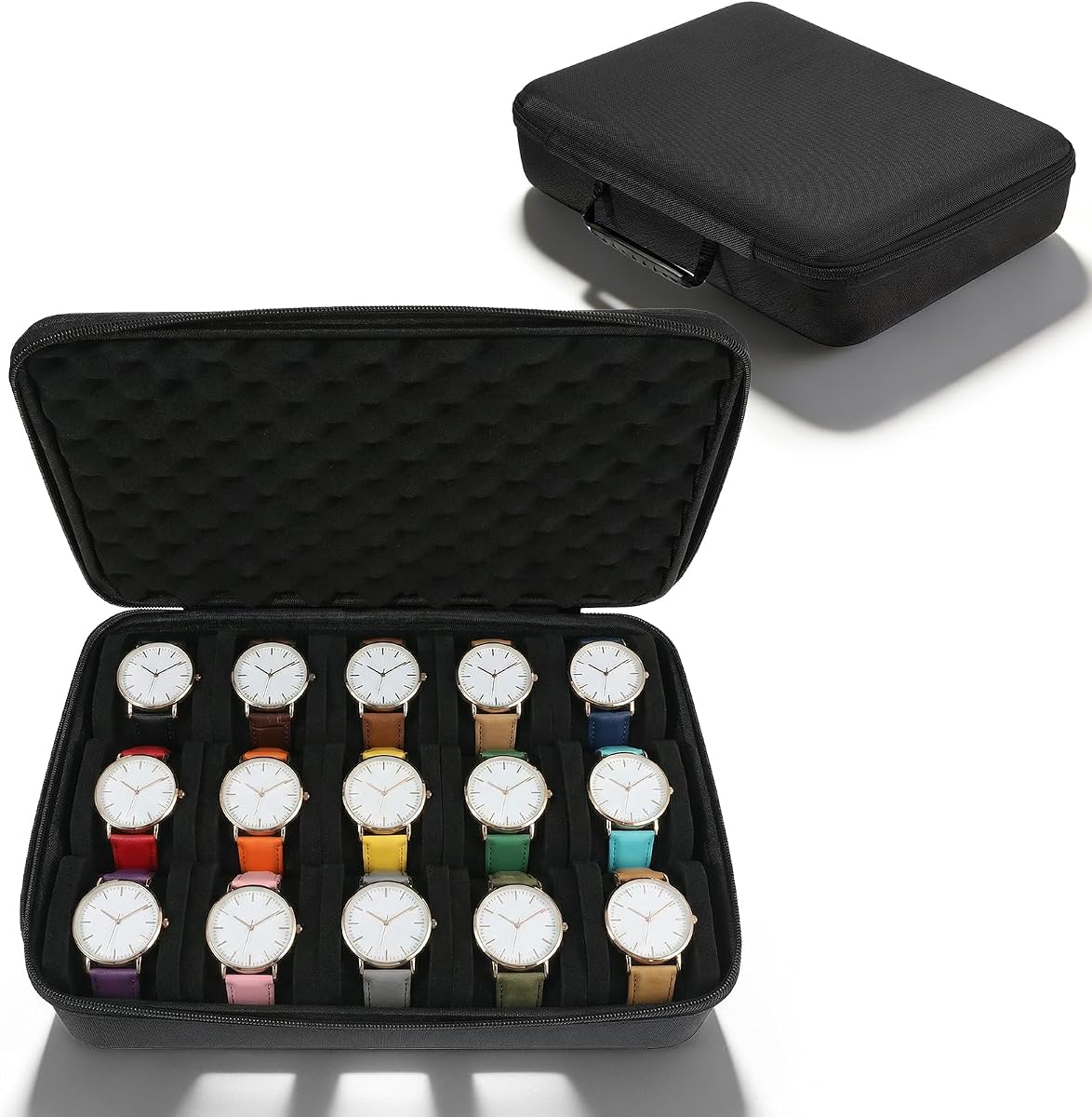 kenaeooe 15 Slots Watch Case Premium Watch Cases for Men with Pillows Hard Travel Storage Box Fits Watches Up to 60mm