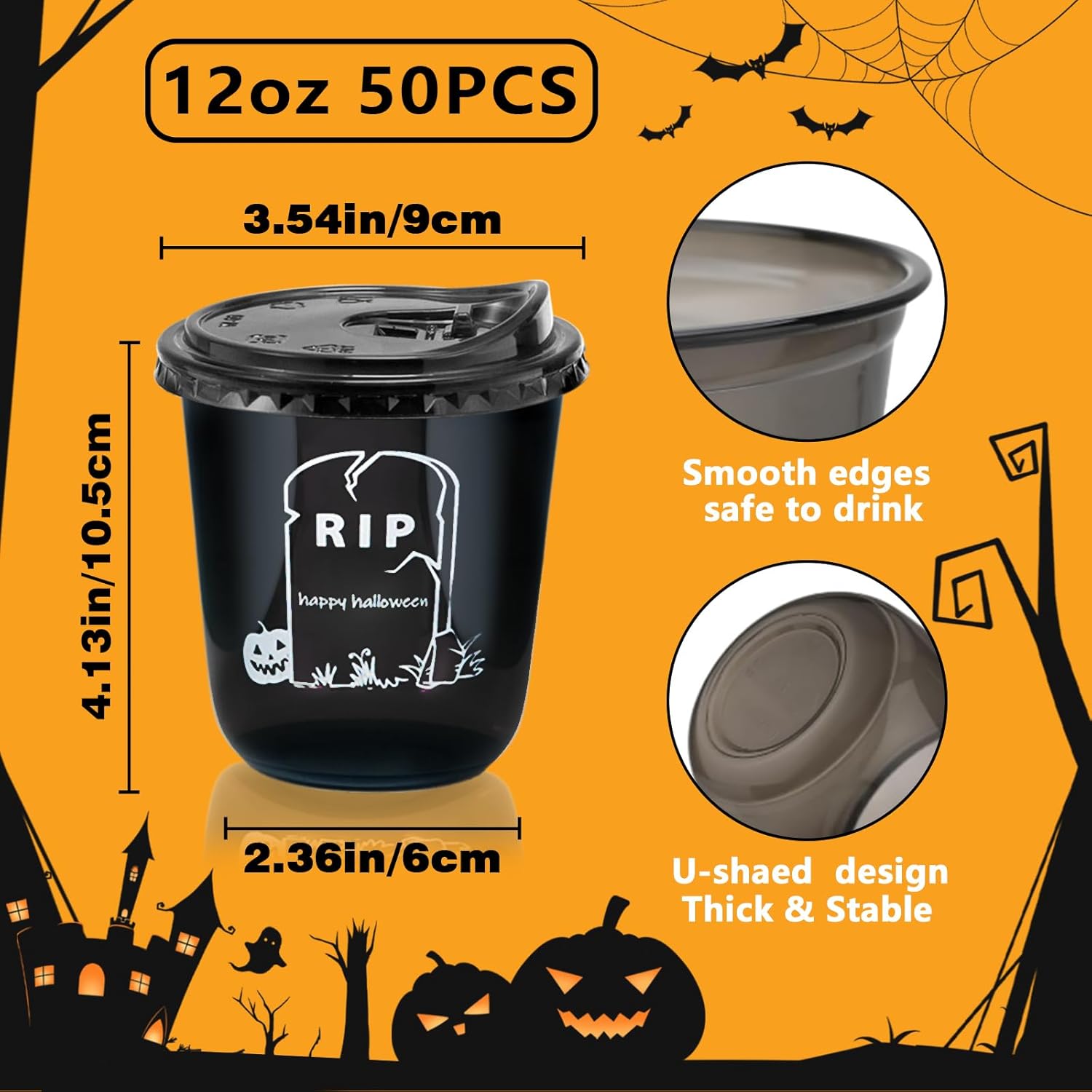 12oz Halloween Disposable Plastic Cups With Strawless Sip Lids-Happy Halloween Disposable Clear Cups with 5 Styles for Party Supplies,Coffee, Beer, Drinks, Ice Cream, Snacks (50) - Image 3