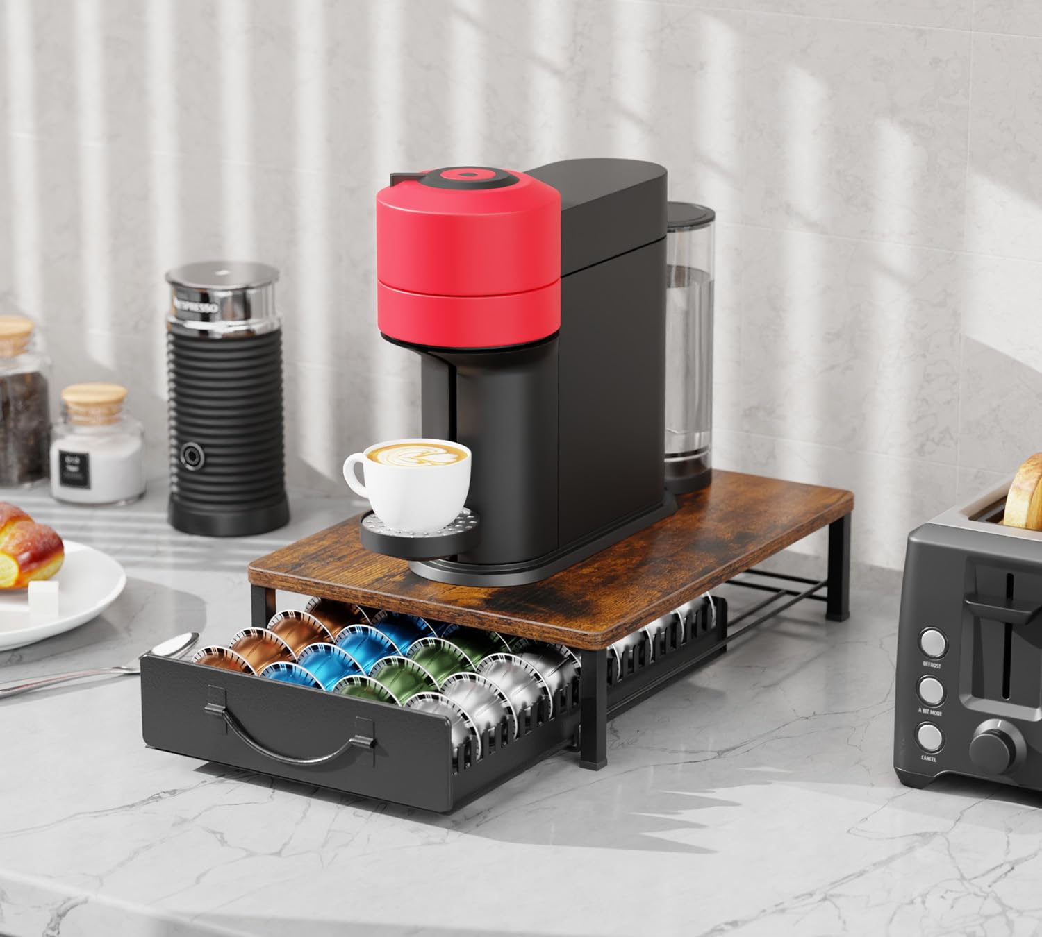 Wielofunkcyjny uchwyt na kapsułki do kawy Nespresso Vertuo 48–24 kapsułki i 32 kapsułki Dolce Gusto, mała szuflada do przechowywania kapsułek Vertuoline z drewnianym blatem, vintage antypoślizgowy