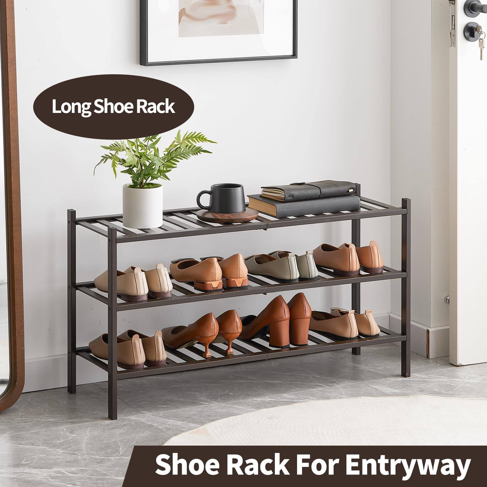 Langes Schuhregal, 3-stöckiges Bambus-Schuhregal, stapelbar, Schuhregal, Organizer, Schuhständer für Schrank, Eingang und Flur