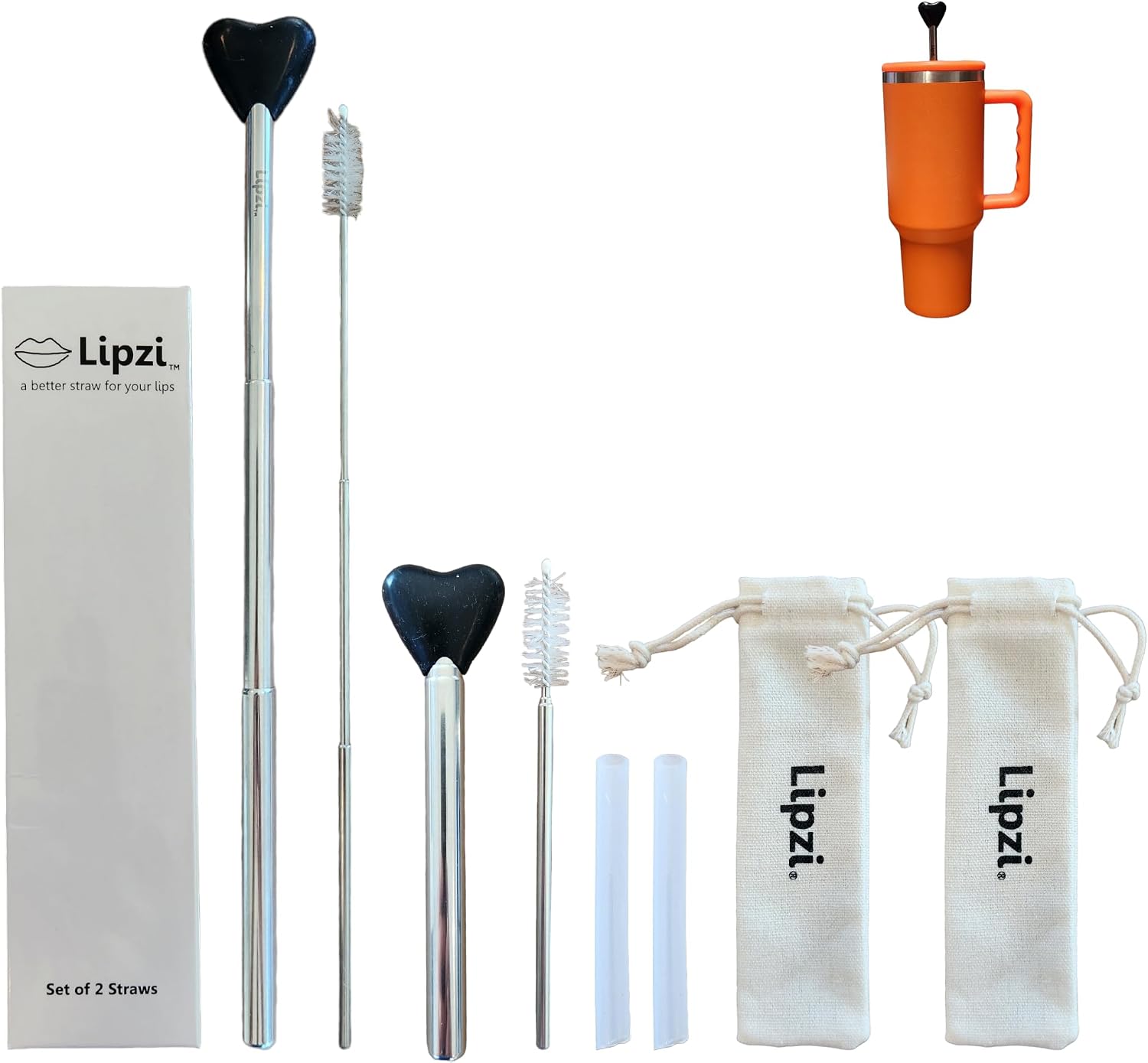 Lipzi - Anti Wrinkle Straw - Stainless-Steel anti-wrinkle drinking straws, Reusable Straws with Cleaning Brush - Eco-Friendly Vs Plastic - Two 40 oz Tumbler Compatible Straws - 4 Straws Total