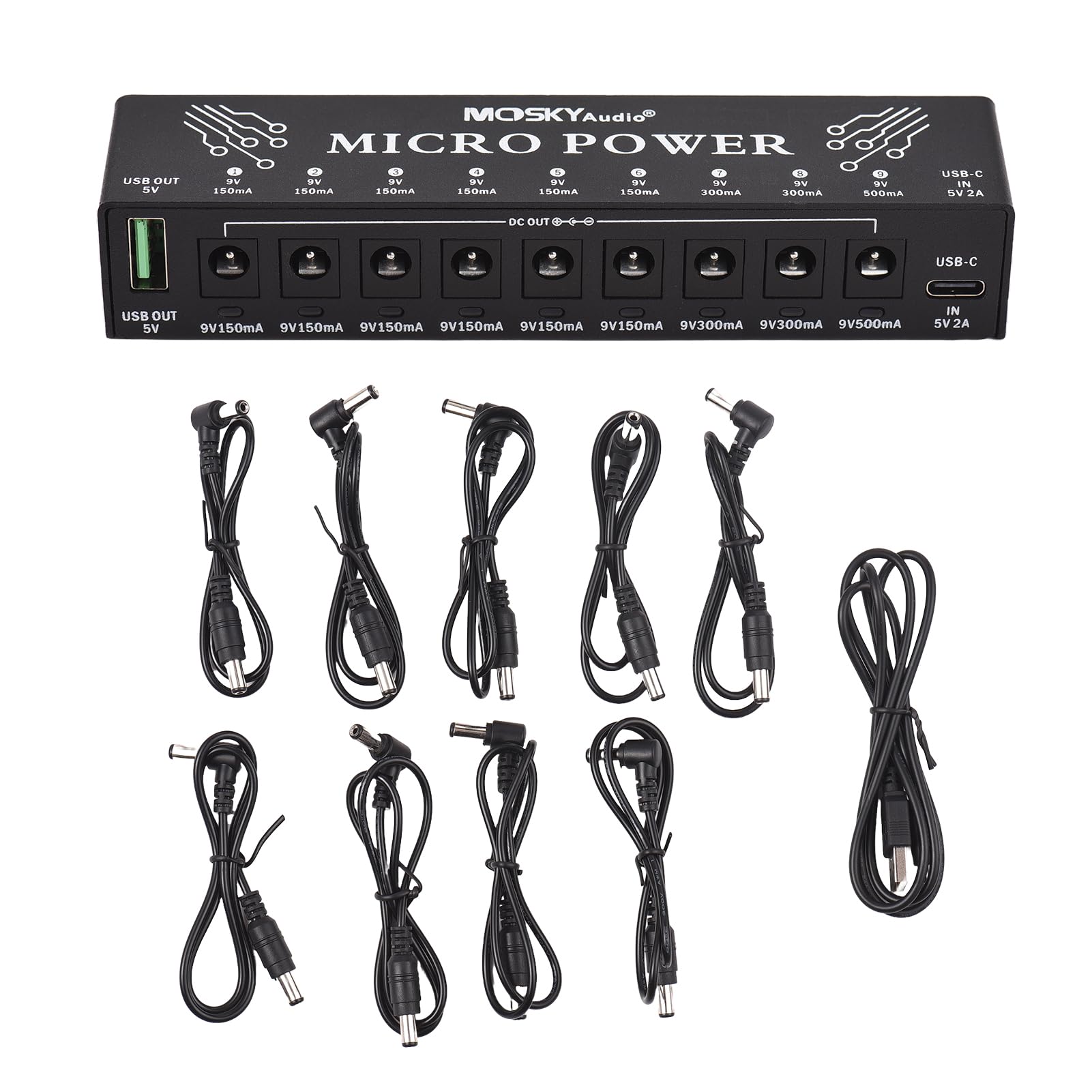 Btuty Alimentatore per Chitarra Ricarica di Strumenti Musicali A 10 Canali con Protezione da Cortocircuito Indipendente Indicatore LED 9 Uscite Dc E 1 Uscita USB per Effetti A Pedale Chitarra Altri
