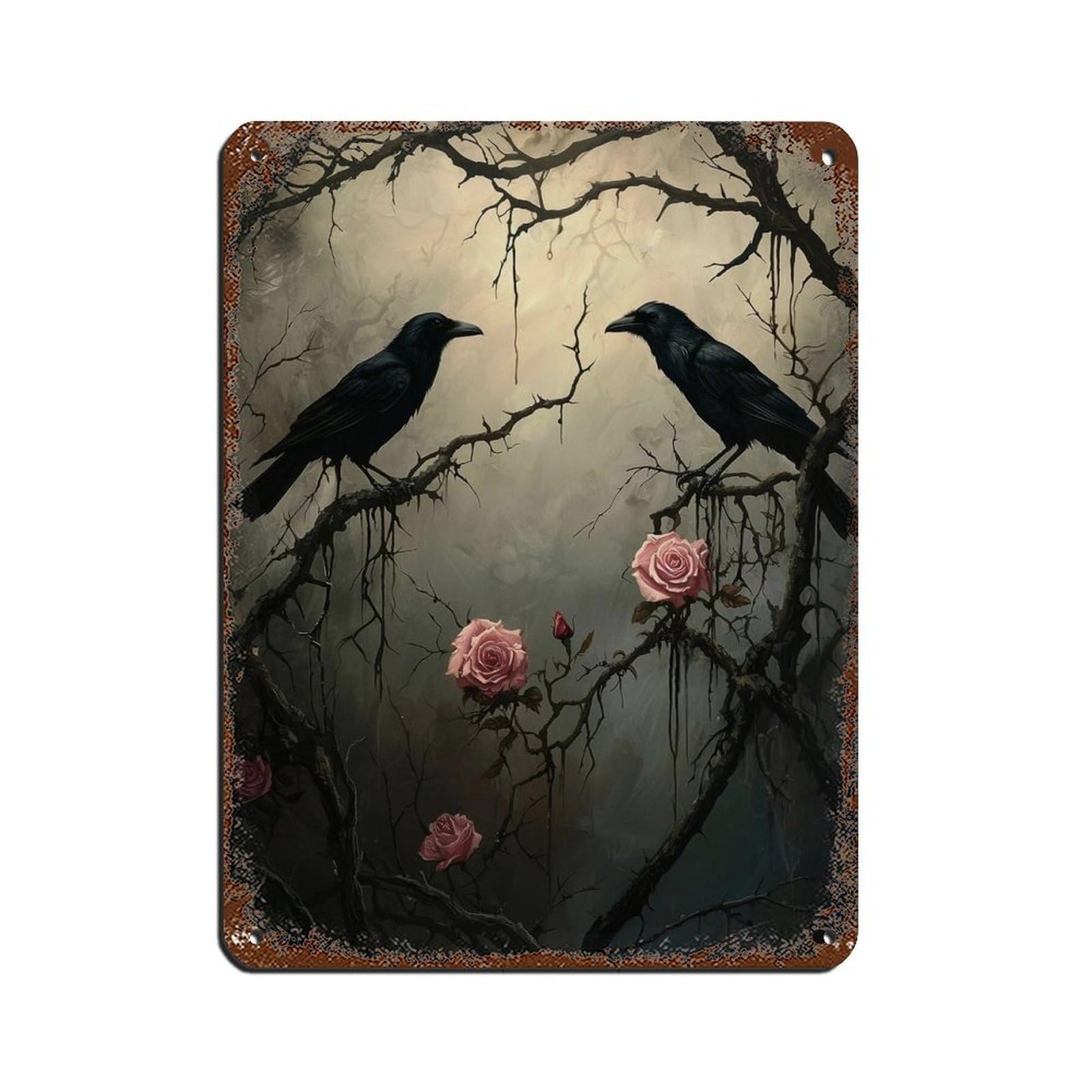 Ravens And Roses Valentine's Day Wall Art Tin Sign Vintage Metal Pub Club Cafe Bar Home Wall Art Decoration Poster Retro 12x16inch(30x40cm)