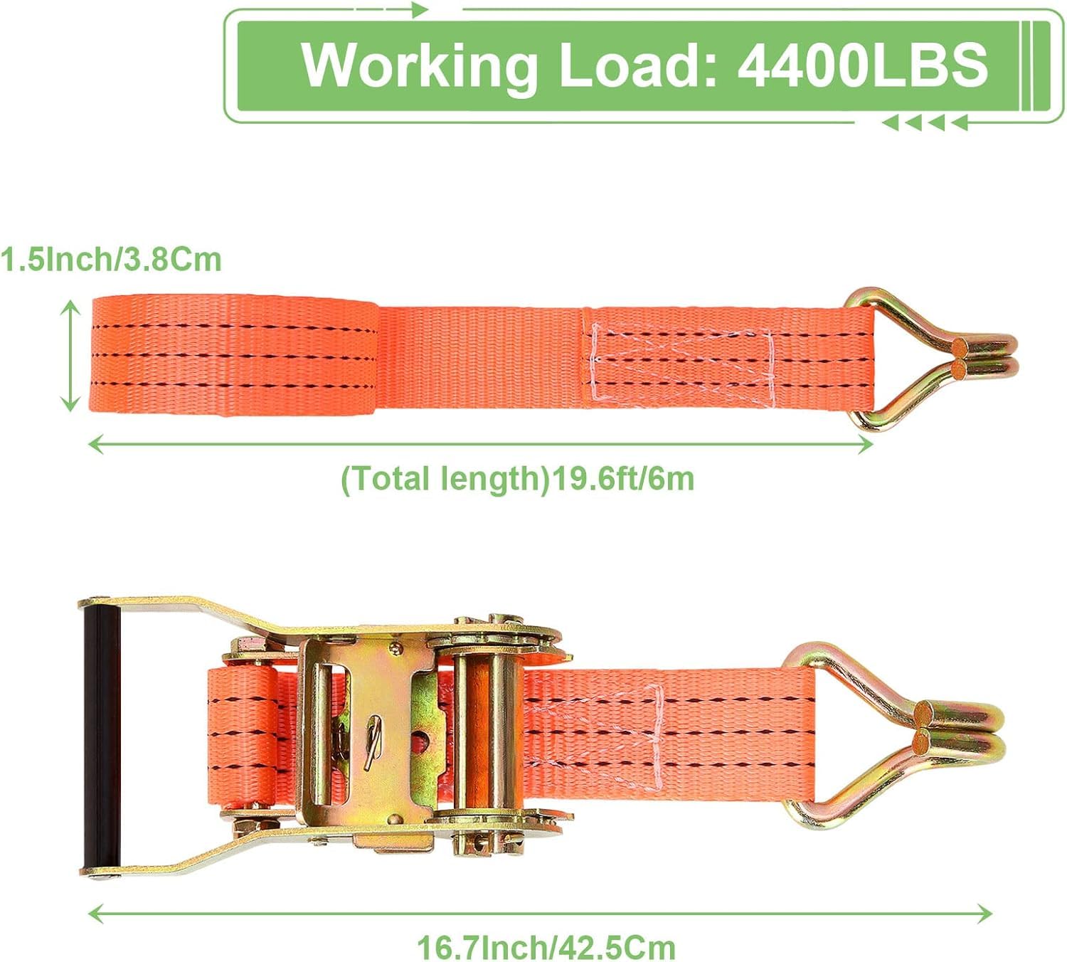 4 Jeux de 6M×38MM Sangle d'arrimage à Cliquet, Sangle a Cliquet avec Crochet en Polyester, Sangles de Serrage avec Tendeur à Cliquet pour Remorque, Moto, Voiture Orange