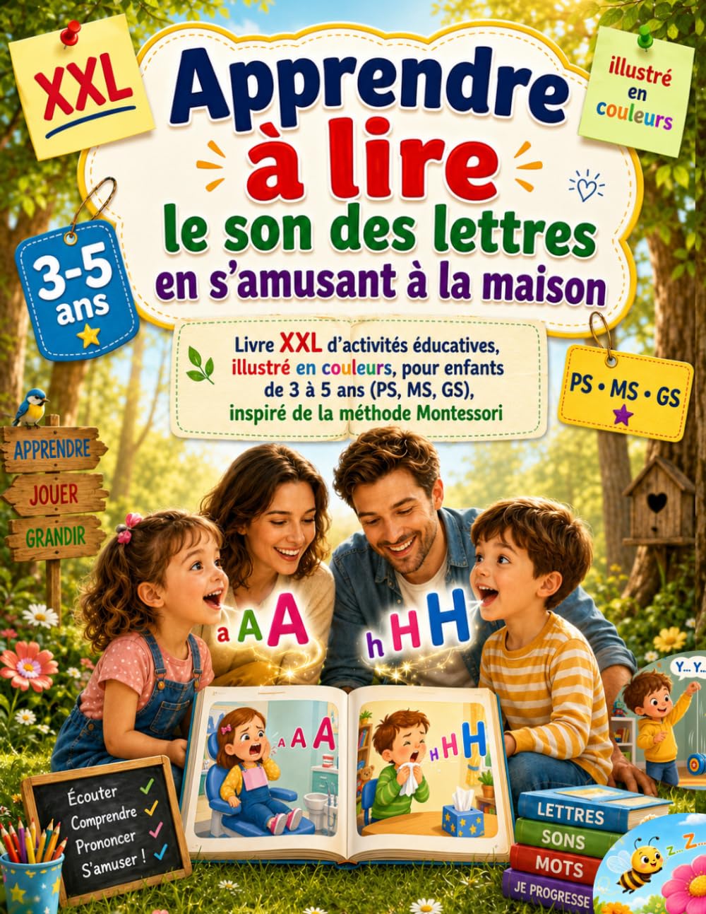 Apprendre à lire le son des lettres en s’amusant à la maison: Livre XXL d’activités éducatives, illustré en couleurs, pour enfants de 3 à 5 ans (PS, MS, GS),inspiré de la méthode Montessori