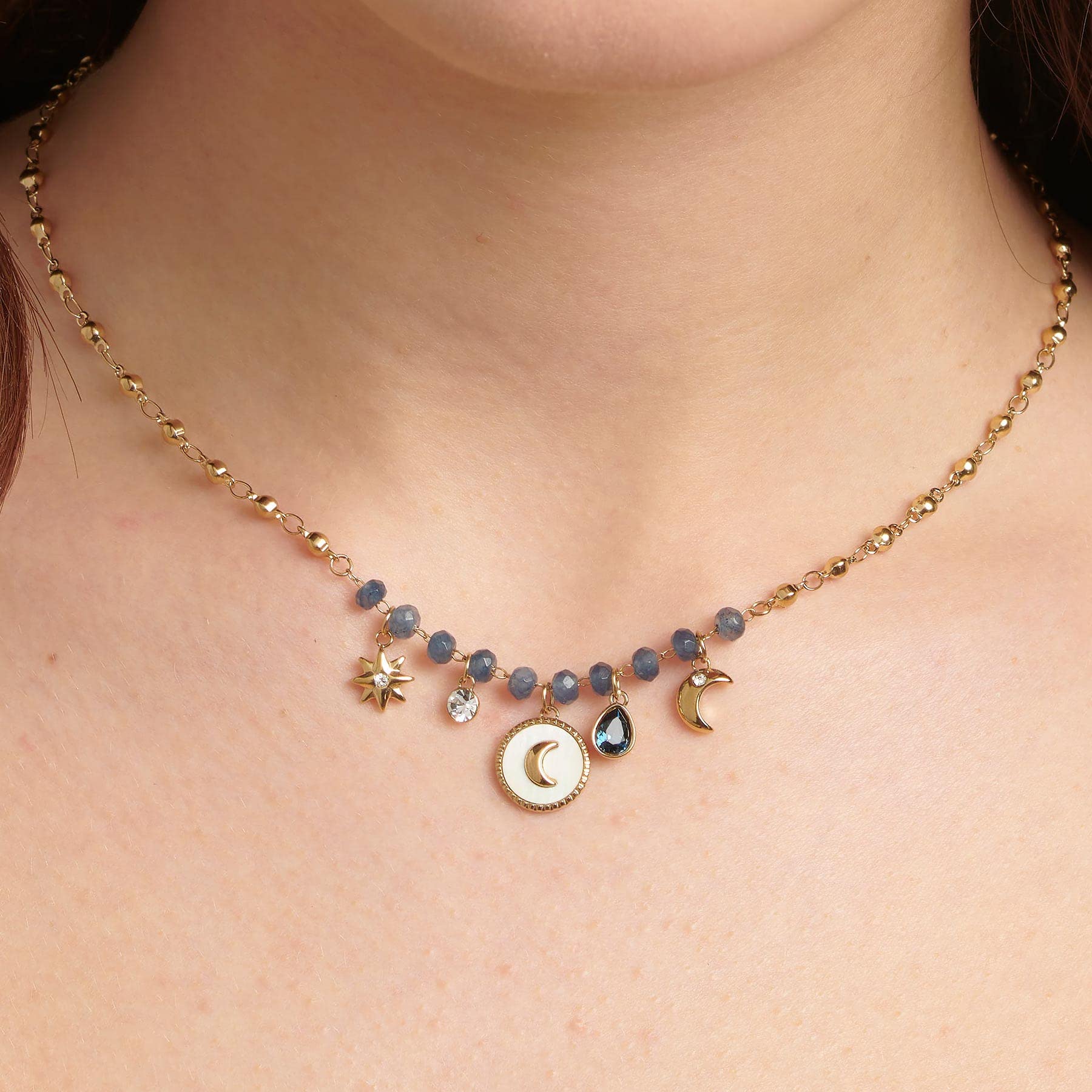 Brosway Collana Donna in Acciaio e Cristalli/pietre Naturali con Simbolo Luna | Collezione Chakra - BHKN086