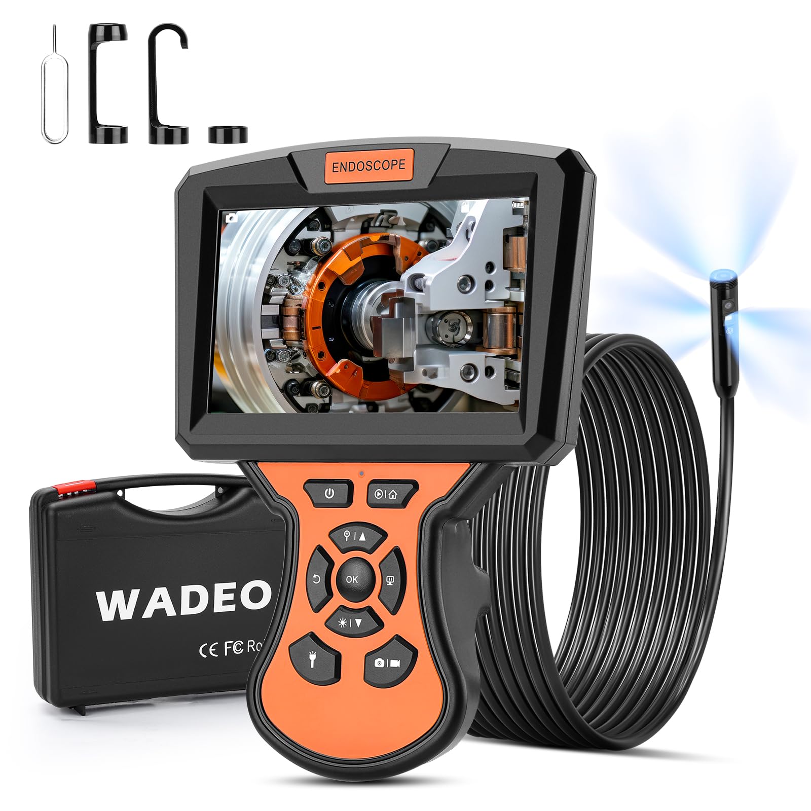 WADEO Endoscopio a Tripla Lente, 1920P HD Grande Sonda telecamera IPS da 5'', Telecamera Endoscopica Impermeabile IP67 con 8 Luci, Pixel da 200 W, Cavo da 10m, Tipo C, scheda TF da 32 GB allegata