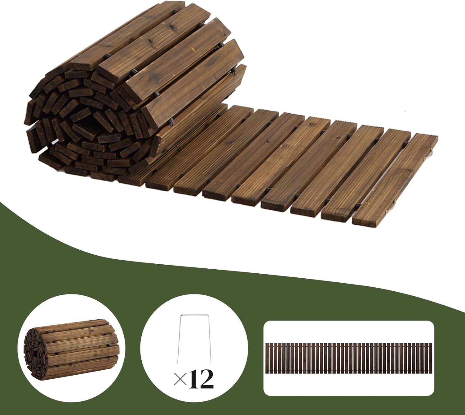 12FT Wooden Garden Pathway,Wooden Walkway with Non-Slip Surface, Roll Out Wooden Pathway Weather-Resistant Walkway for Outdoor Patios Wedding Party Pathways (Carbonized, 12FT-Straight)