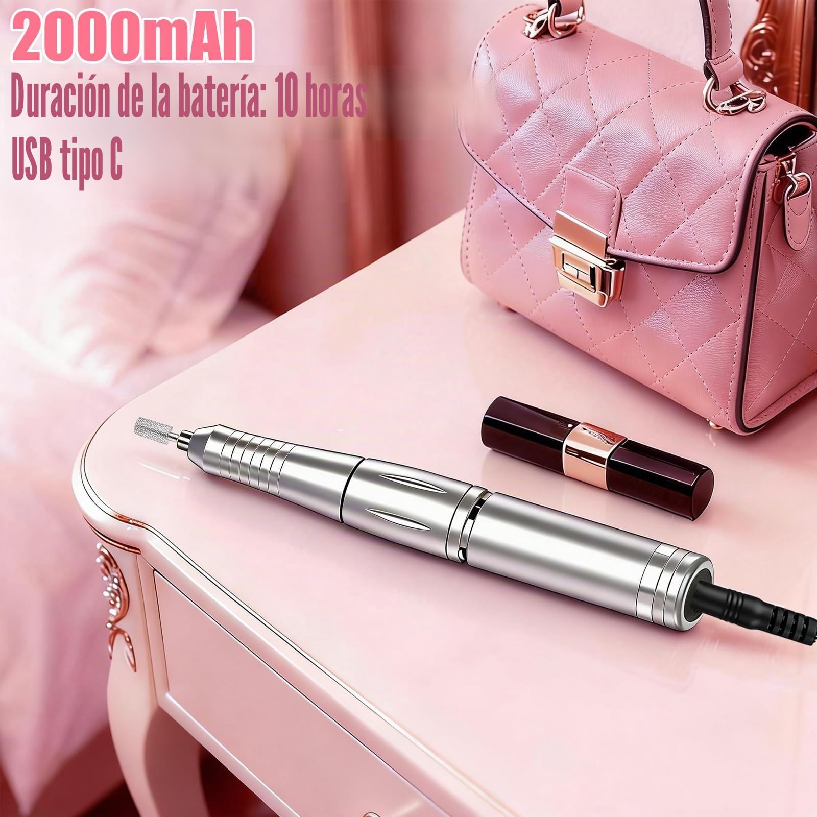 Torno para Uñas Profesional 45000 RPM, Pulidoras de uñas Portatil Velocidad Ajustable para Uñas de Gel y Acrílico, Torno Molinillo de Uñas Eléctrico con Pantalla LCD, 6 Brocas y 50 Bandas