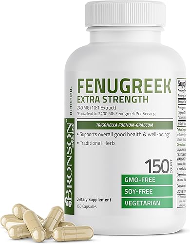 Bronson Cápsulas de polvo de semillas de fenogreco extra fuertes de 2400 mg por porción, feno-graeco de trigonela, sin OMG, sin soja, vegetariano, disponible en Yaxa Colombia