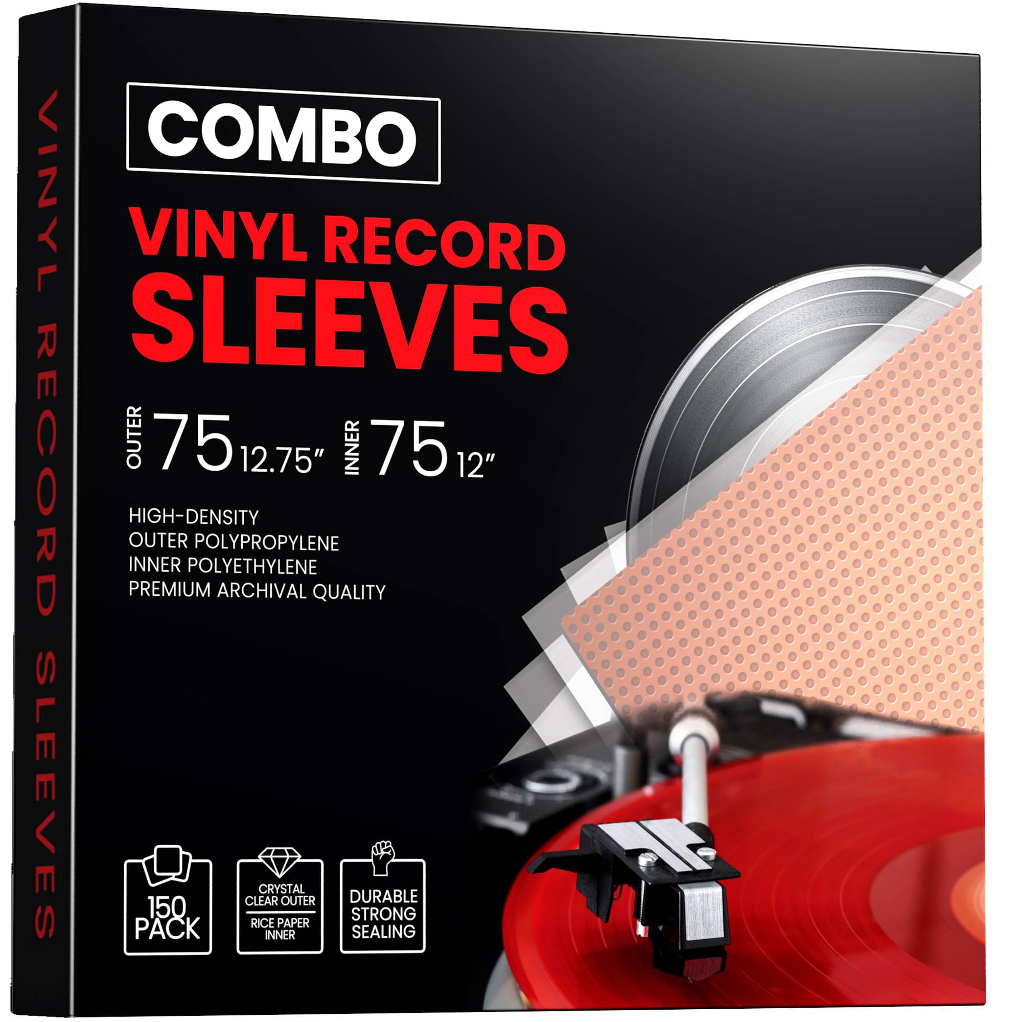 150 Vinyl Record Sleeves – Combo Pack 75 Inner and 75 Outer Vinyl Record Storage Sleeves – Clear Plastic Album Covers for Vinyl Sleeves