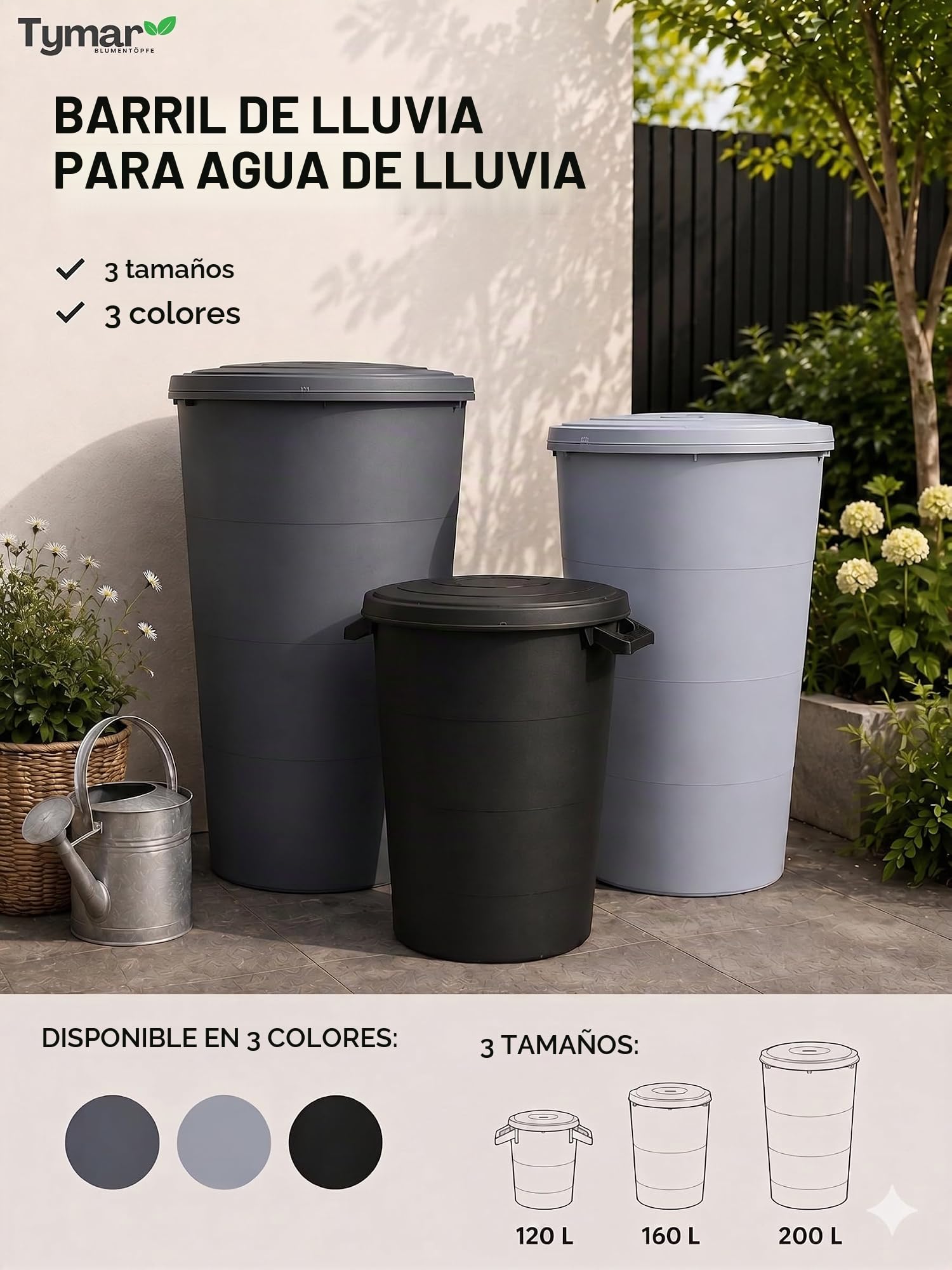 Tymar IDSM - Depósito de agua para lluvia (200 L, con grifo, depósito de agua de lluvia para jardín y balcón, diámetro 60 x 107 cm)