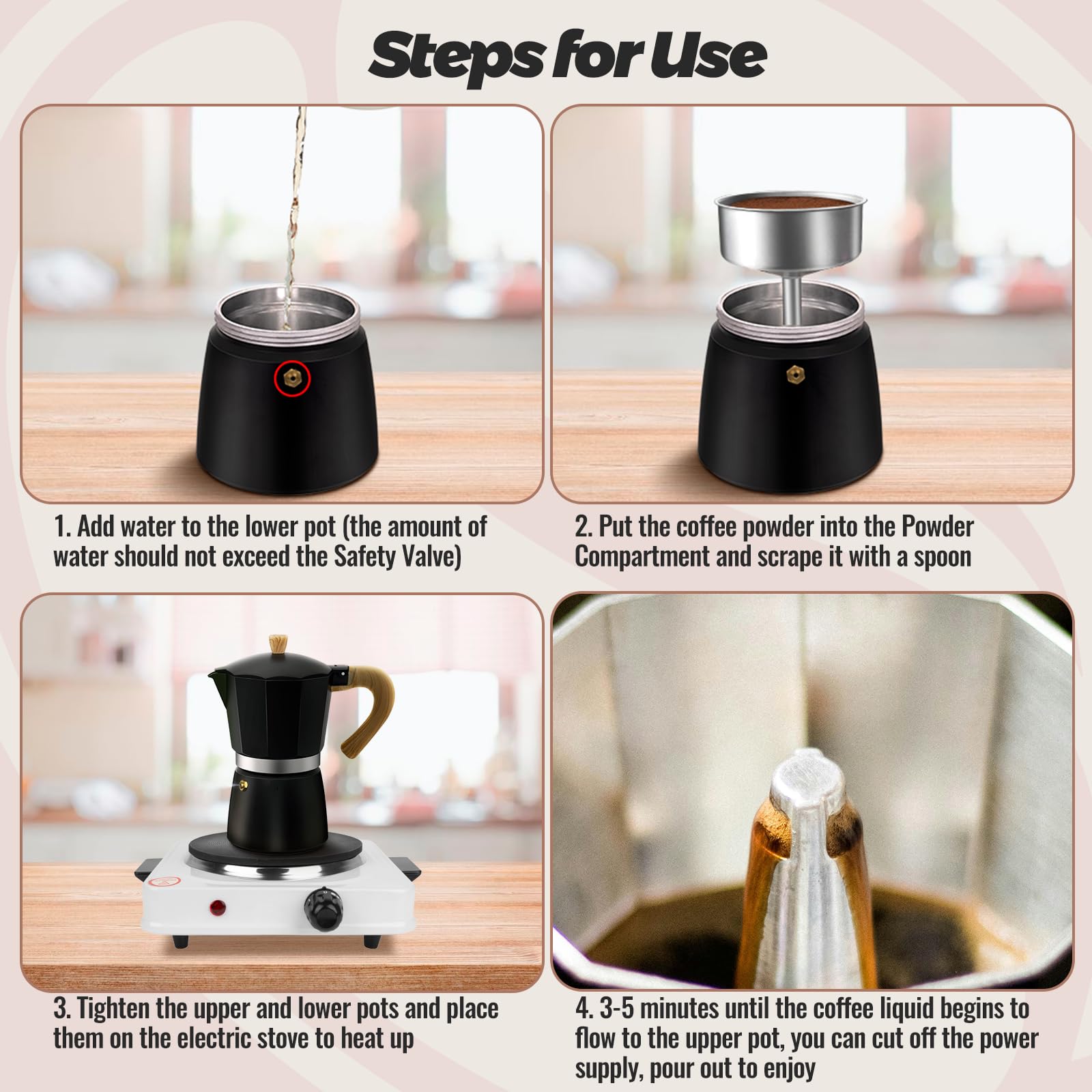 Cafetera Moka de aluminio para 3 tazas, color negro, clásica, 150 ml, cafetera percolador Mocha Express Classic Cafe Maker para café italiano y cubano