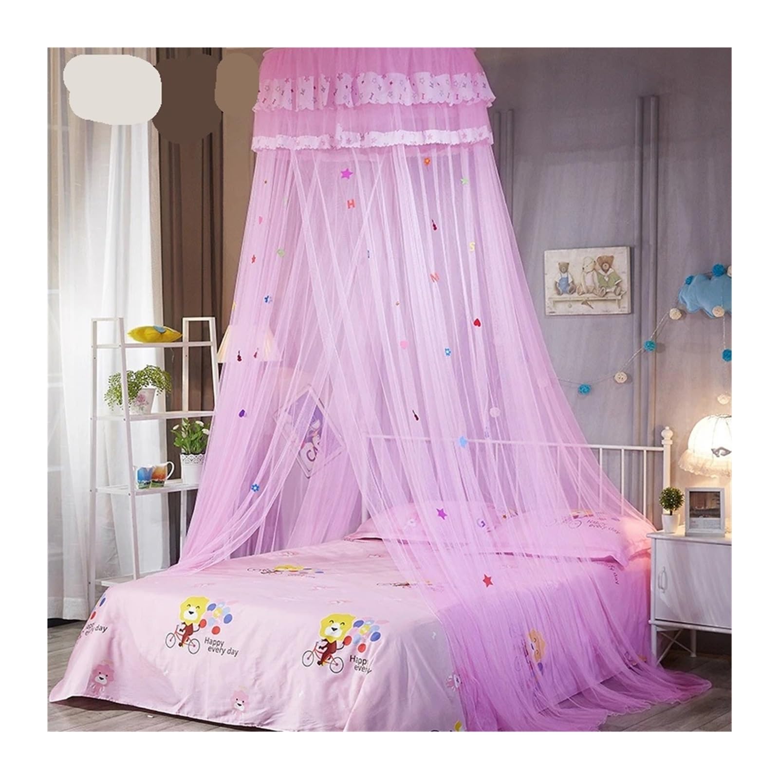 KiddiBubzi 1.5m Cartoon Dome Hanging Bed Canopy Encryption Heightened Ceiling Lace Lace Princess Dome Floor Bed Canopy(1.5m Pink 4PCS)