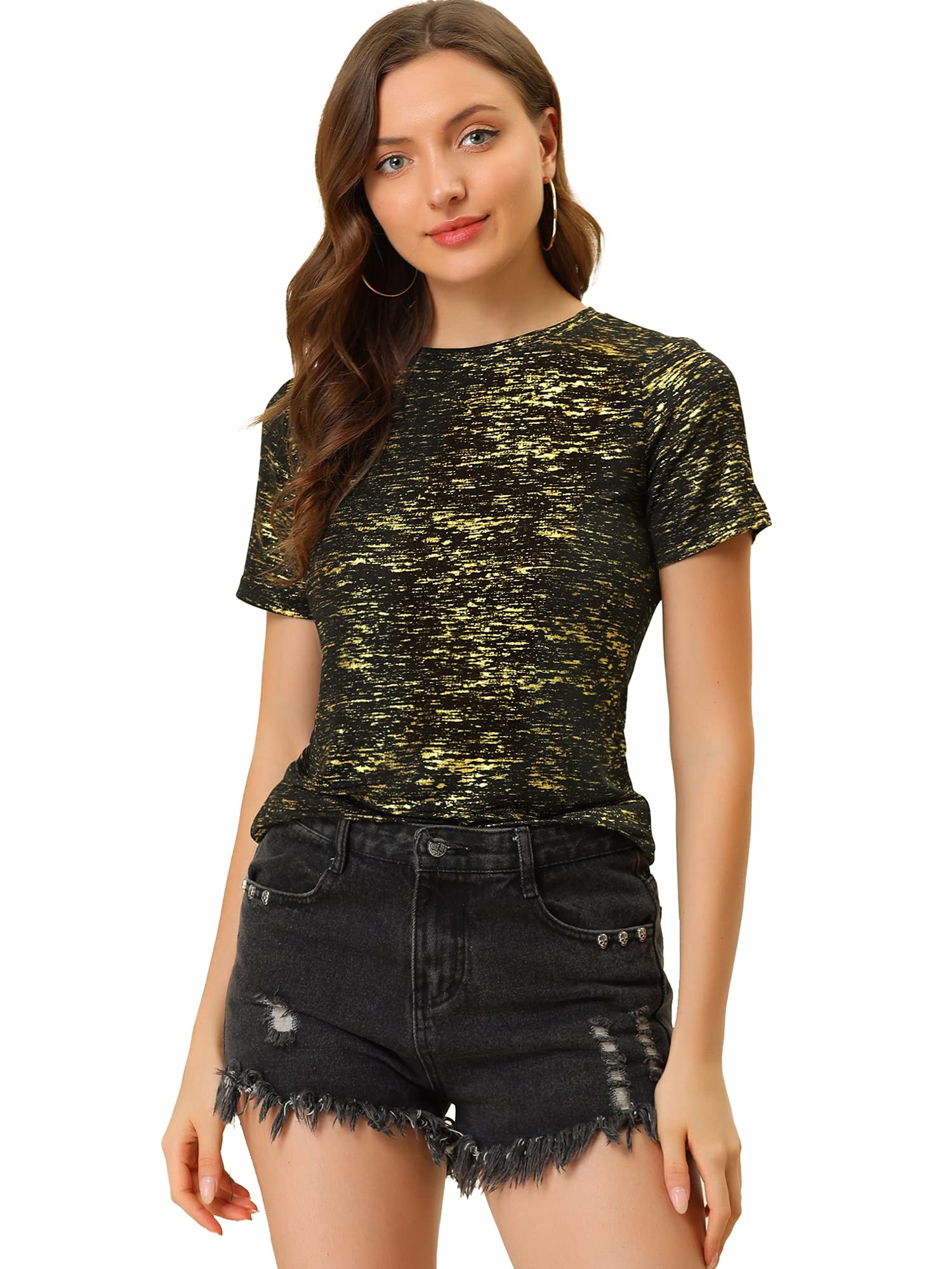 Allegra K Women's 80s Disco Outfit Party Club Sparkly Rainbow Metallic Top Black Gold M — image 1