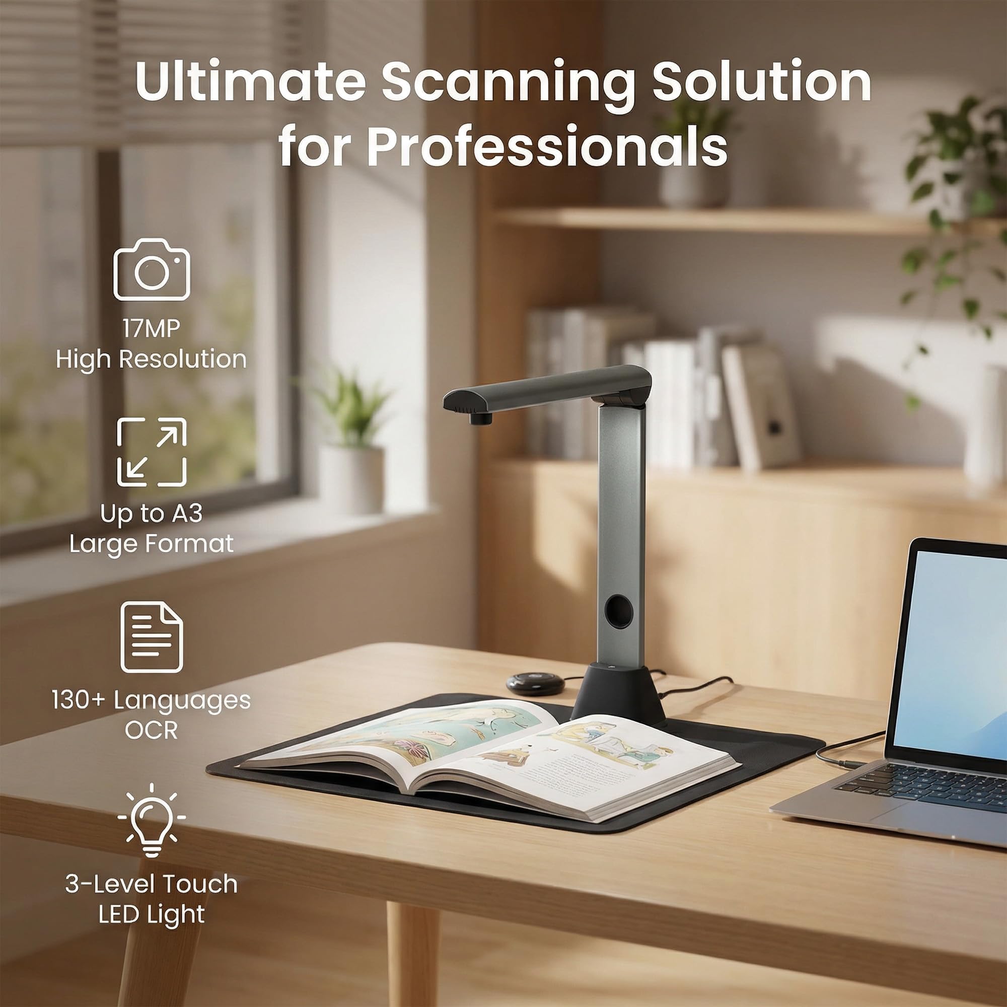Scanner Documenti A3 17MP: OCR 130 Lingue Fotocamera Documenti USB 4 LED Scanner Libro Ufficio Scuola Archivio Home Office