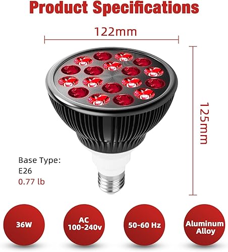 Miniatura 7 de Bombilla de Terapia de Luz Roja, Terapia de Luz Roja para Uso Corporal y Facial, 18 LEDs de 660nm Rojo y 850nm Infrarrojo Cercano, Lámpara de