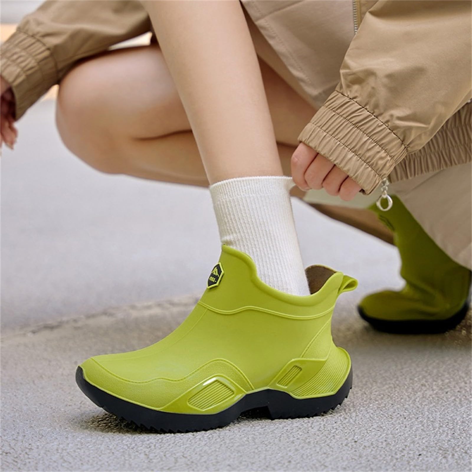 Męskie buty przeciwdeszczowe do kostek, wodoodporne, krótkie kalosze z rzeźbioną podeszwą, obuwie na platformie do modnych wędrówek po mieście, ZIELONY, 40 EU