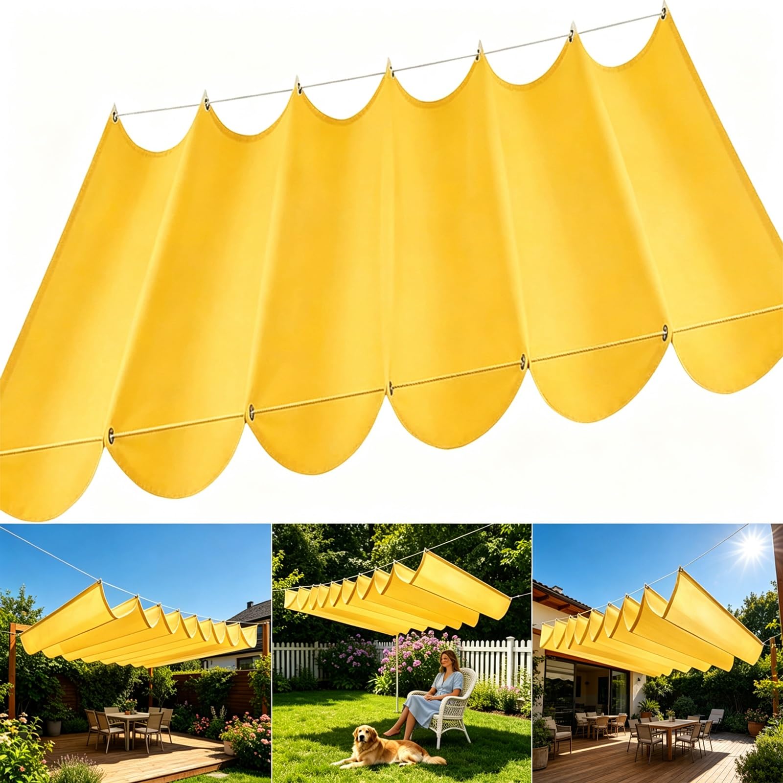 Einziehbares Sonnensegel 3 x 4 m Verstellbares Sonnensegel Zur Beschattung mit Zugseil & Ösen 95% Uv-Schutz & Reißfest Wasserdicht für Terrasse, Pergola, Garten, Gelb