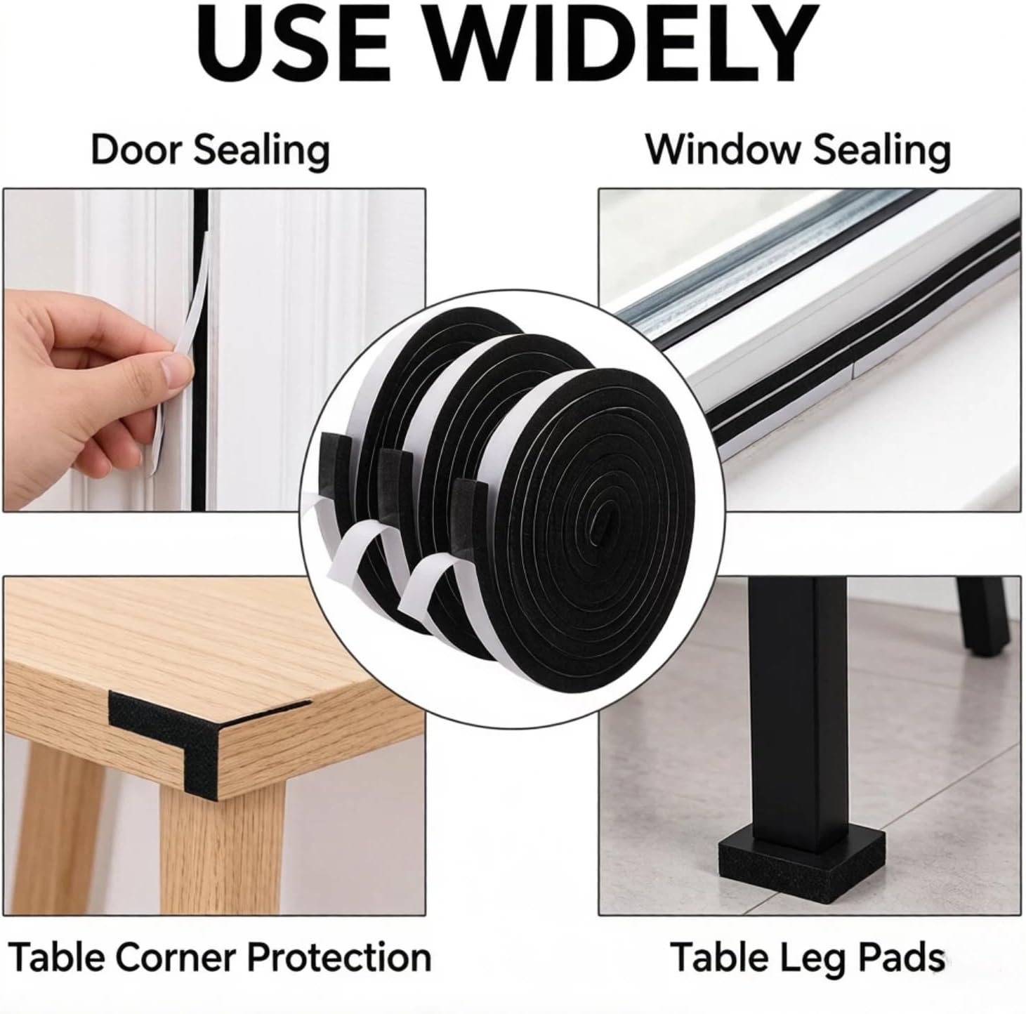 Jucoan 49 Feet Weather Stripping Foam Insulation Tape, 1 Inch Wide x 1/2 Inch Thick Self Adhesive Foam Seal Tape, High Density Door Seal Strip Window
