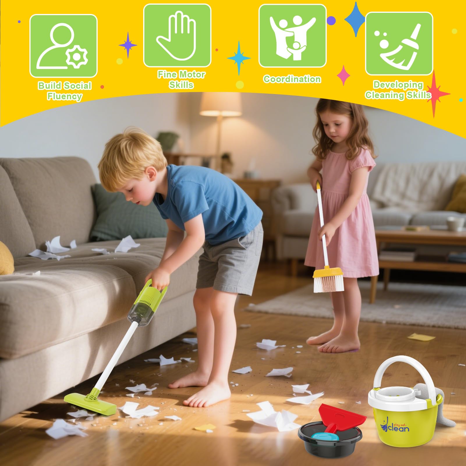 XIAPIA Toddler Cleaning Set, 14 Pcs Kids Cleaning Toy Set with Electric Toy 2 in 1 Vacuum That Really Works, Pretend Play Home Cleaning Playset, Broom and Dustpan Set, Birthday Gifts for Girls & Boys