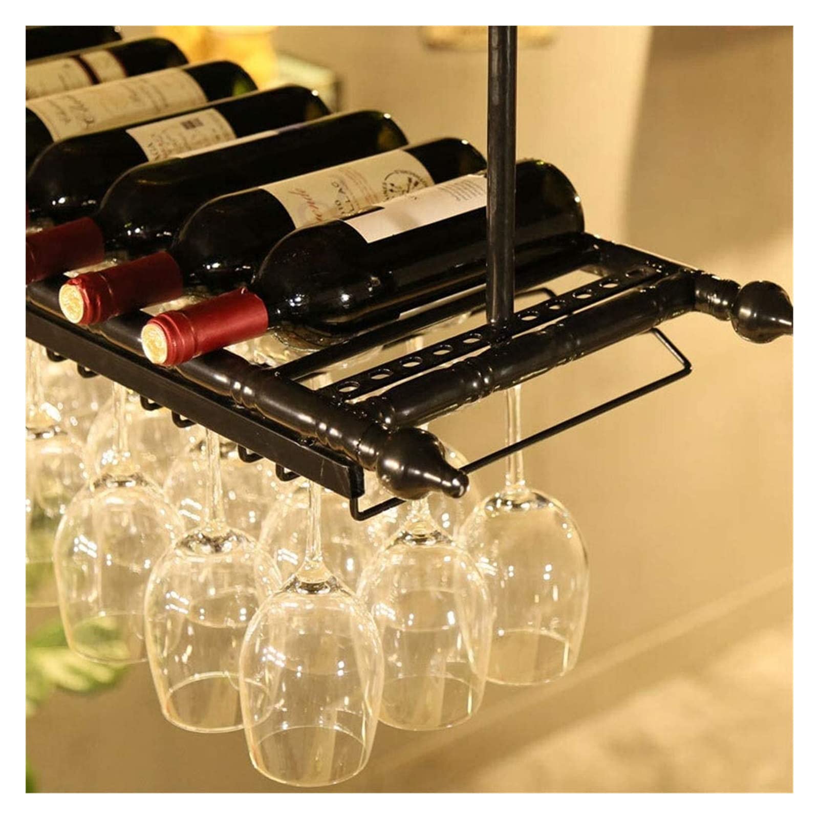 PUCHEN Portabottiglie da parete in legno massello, portabottiglie da vino, portabottiglie capovolto, portacalici sospeso, portabicchieri da vino rosso J111, nero, 60 * 30 cm matrimonio Comfortable