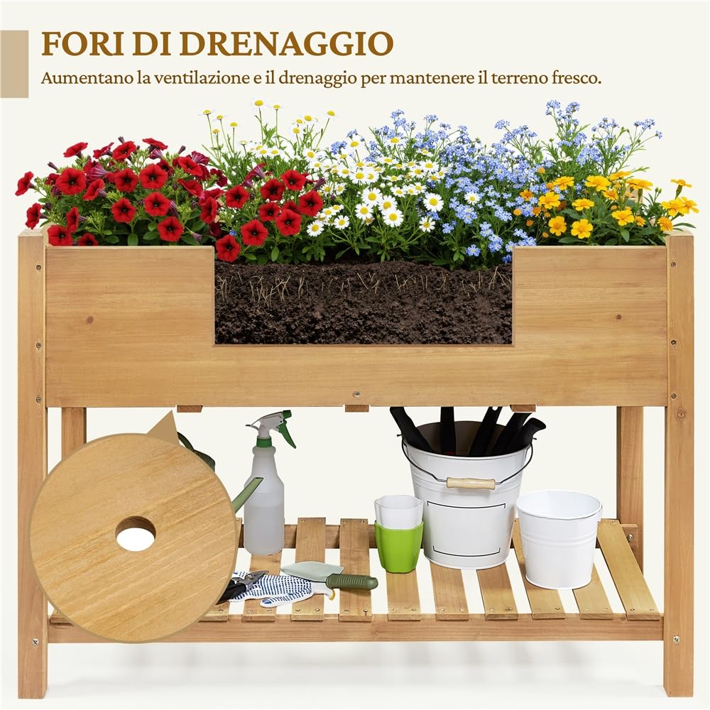 Yaheetech Fioriera/Aiuola Rialzata Orto Balcone Alta da Esterno in Legno Lettino per Piante Giardino con Ripiano Mensola 119 x 57 x 80 cm Portata 100 kg