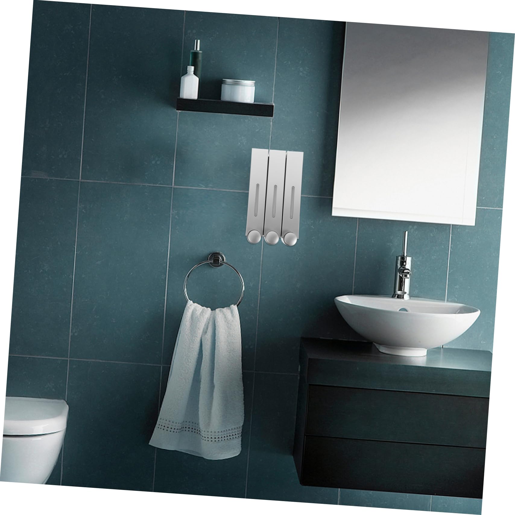 DECHOUS Dispenser di Sapone da Parete Manuale a 3 Camere, Design Argentato, Abs e Pvc, per Shampoo e Bagnoschiuma in Bagno e Doccia