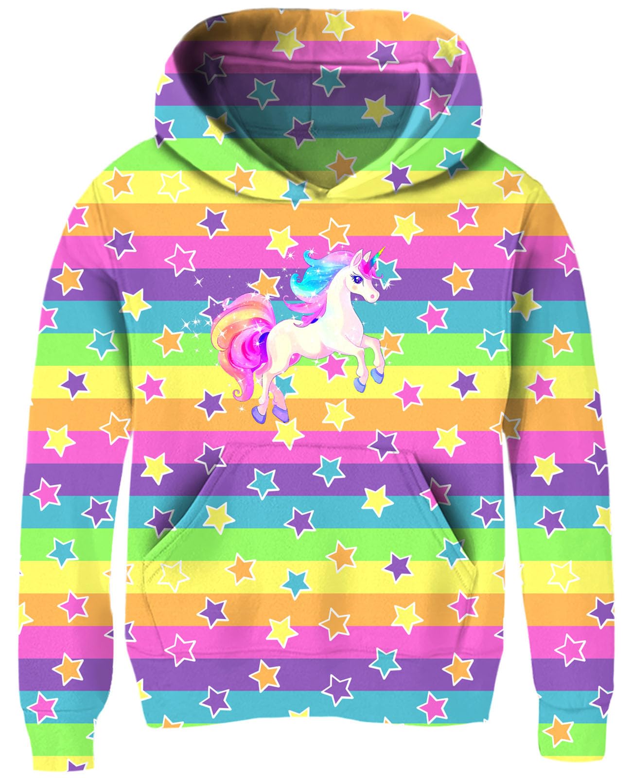 Ahegao Teens Girl's Horse with Horn Hooded Sweatshirts for 12-14 Years Rainbow Strips Print Hoodies Sweatshirt Pullover for Youth
