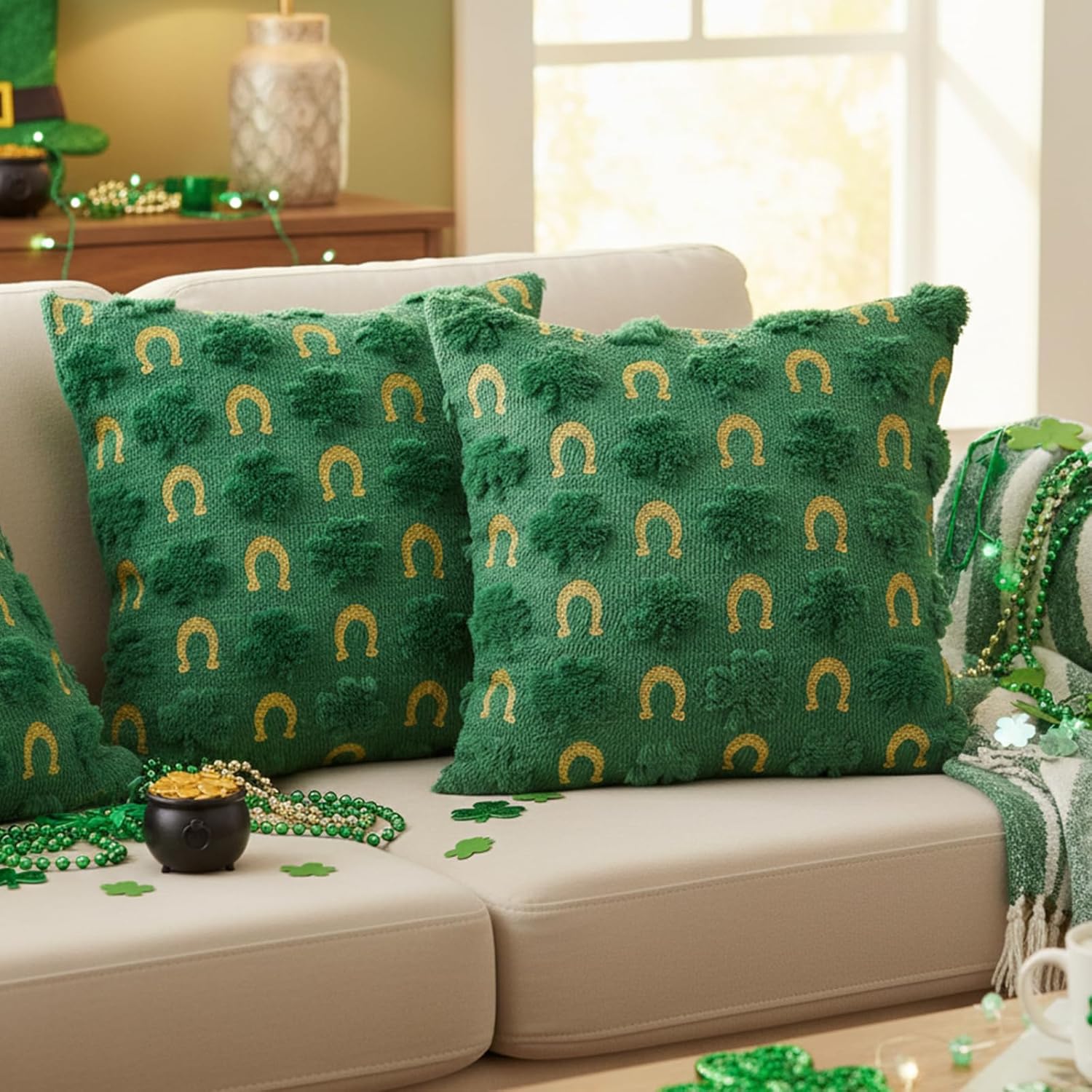 St Patricks Day Pillow Covers 18x18 Inch Set of 2 Shamrock Clover Green Throw Pillowcase Holiday Cushion Case for Home Sofa Couch Decor - Image 6