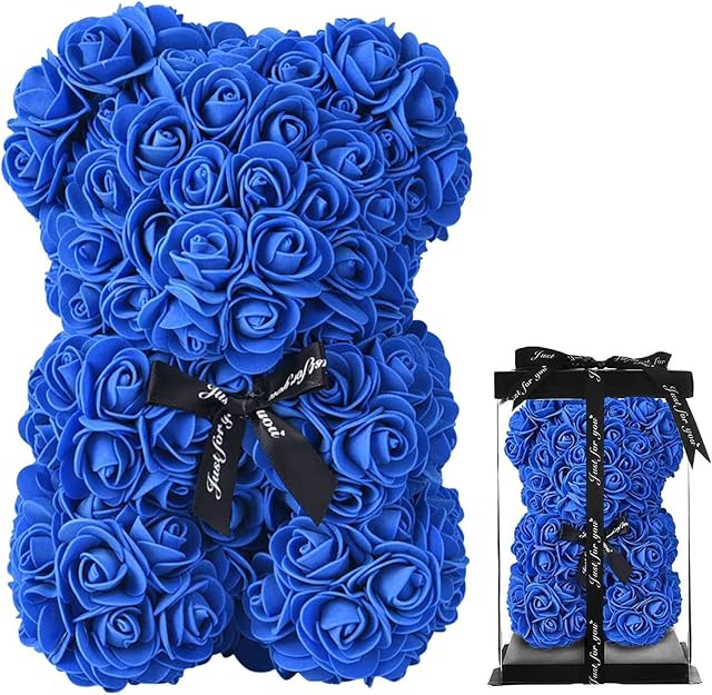 TJC Rose Teddy Bear Handmade Rose Flower Bear with Bow Tie Birthday Valentines Day Gift for Girlfriend Love Friends Wife Fiancée Blue with PE Material Size One Size