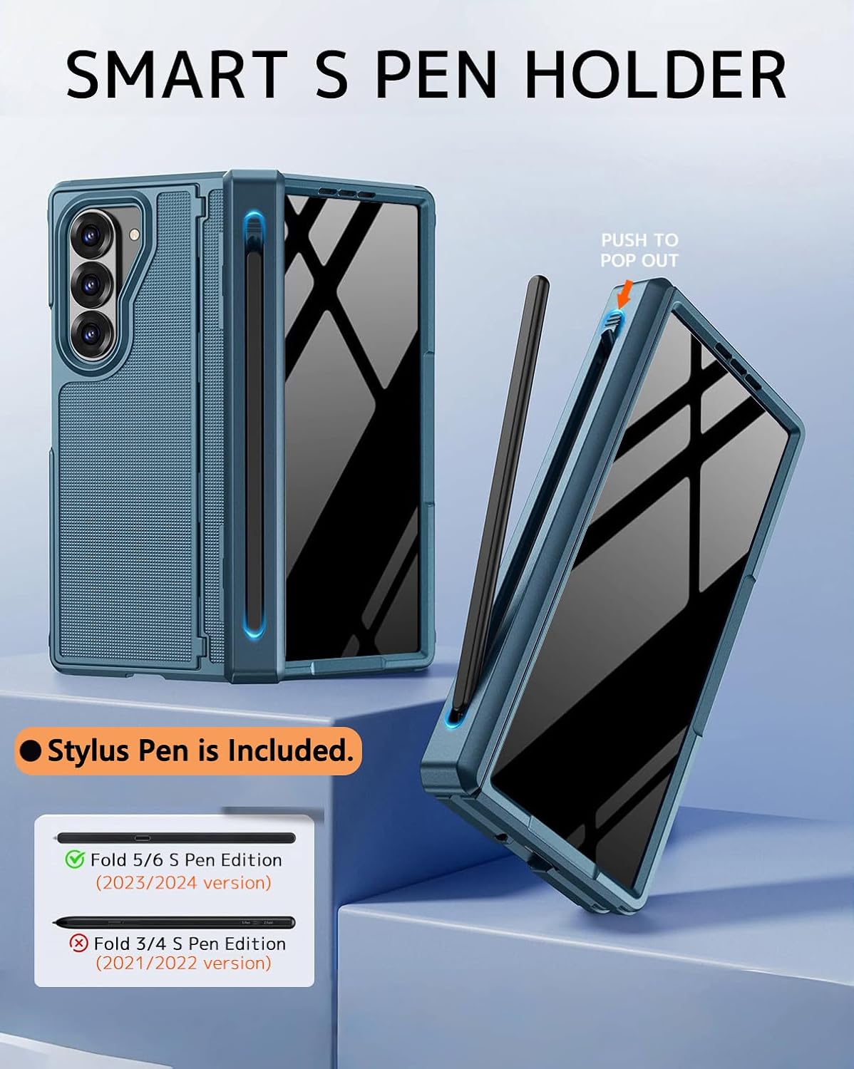NINKI for Samsung Galaxy Z Fold 7 Case with S Pen Holder & Stylus and Invisible Kickstand, Privacy Screen Protector Hinge Phone Cover for Samsung Z Fold 7 Case with Slim S Pen Slot with Stand – Blue