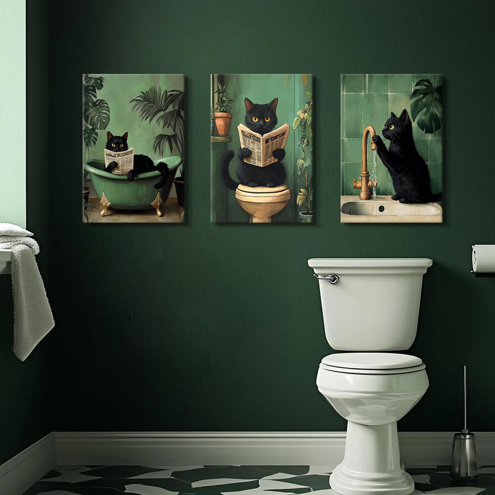 3 Pcs Wooden Framed Canvas Wall Art Funny Black Cat Canvas Prints Green Plants Kitten Cat Reading the Newspaper on Toilet Painting Animals Humor Pictures Bathroom Toilet Wall Decor 40x60 cm x3pcs - Image 3