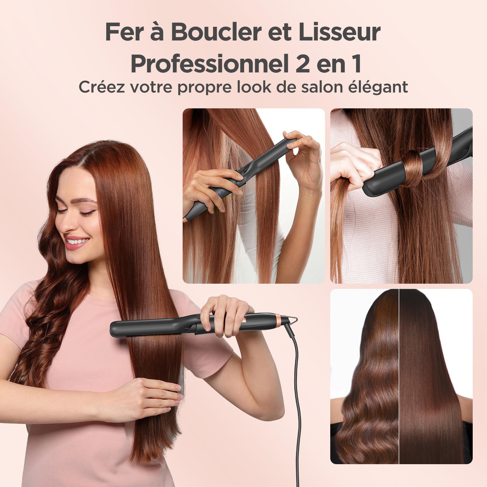 BESTOPE MIX Boucleur a Cheveux, Fer à Boucler 3 Tete avec un Lisseur Cheveux antistatique en céramique pour cheveux avec température réglable Réchauffement rapide Fer à Friser Rose Gold 5 en 1
