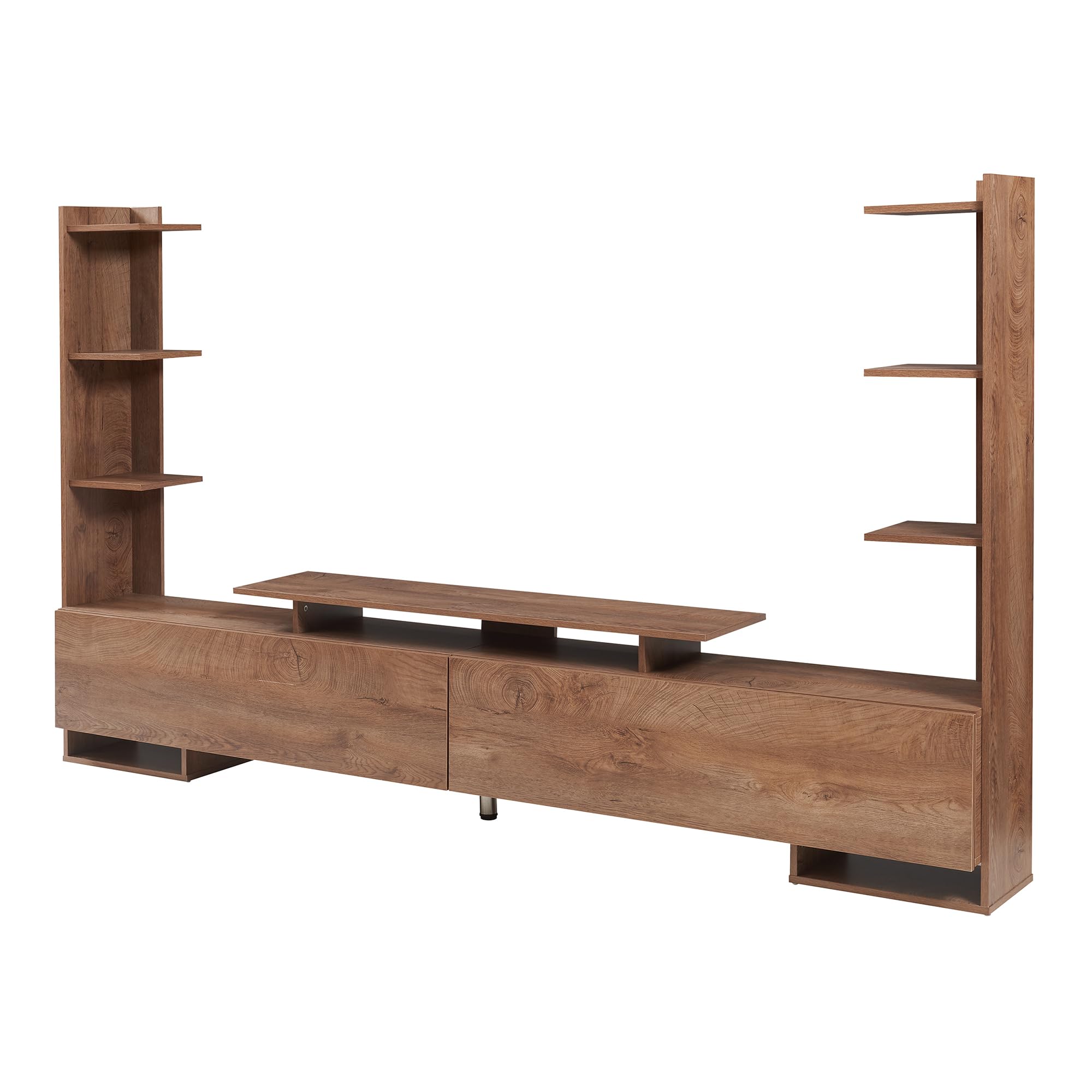 [en.casa] Mobile Porta TV con 6 Ripiani Laterali Stand Multimediale a 2 Vani Chiusi con Ante a Ribalta Scomparto Aperto 233x31x141 cm Soggiorno - Effetto Noce