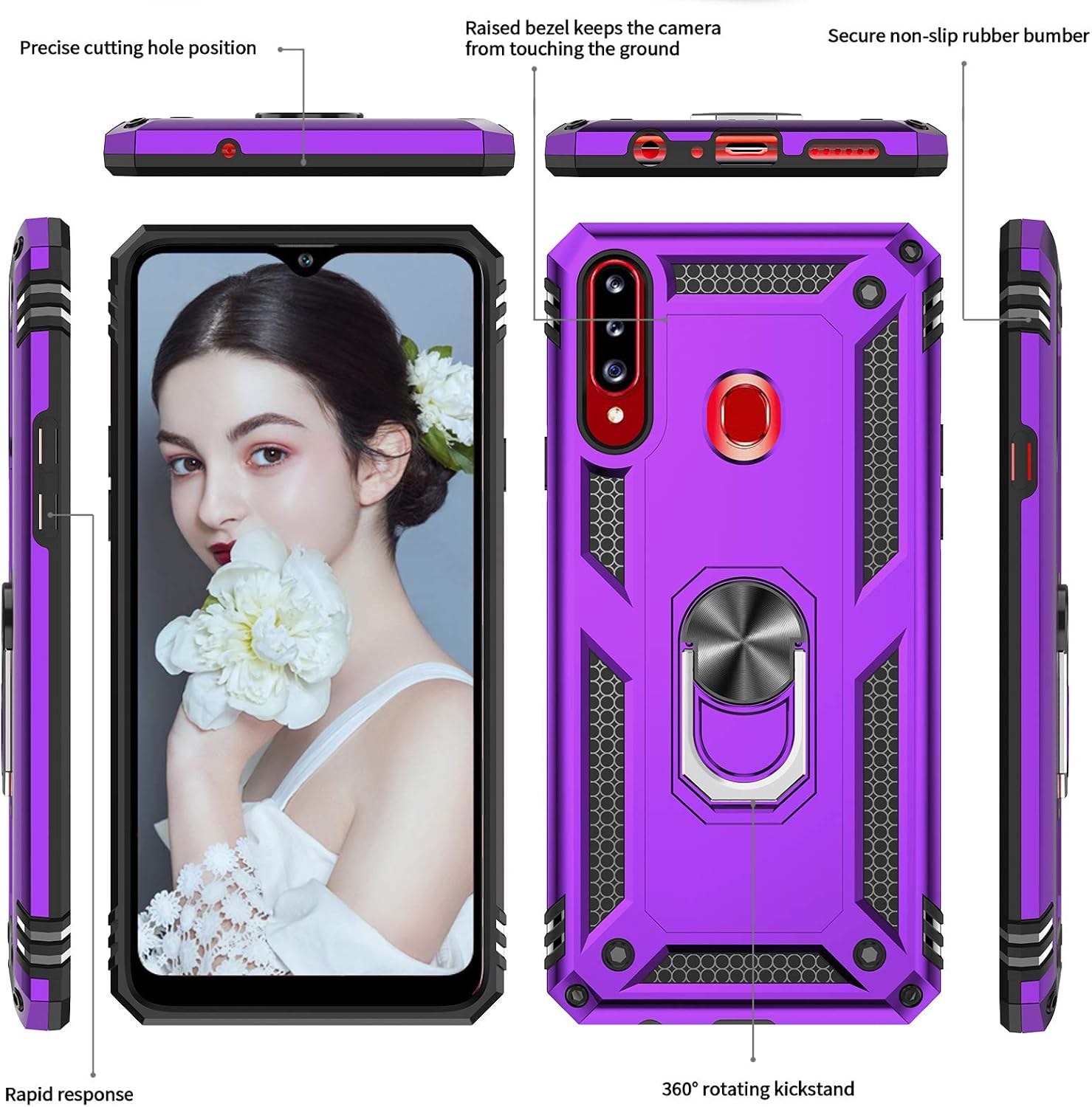 LeYi Compatible for Samsung Galaxy A20S Case (Not Fit A20) with [2 Pack] Tempered Glass Screen Protector, [Military-Grade] Defender Phone Case with Car Ring Holder Kickstand for Samsung A20S, Purple