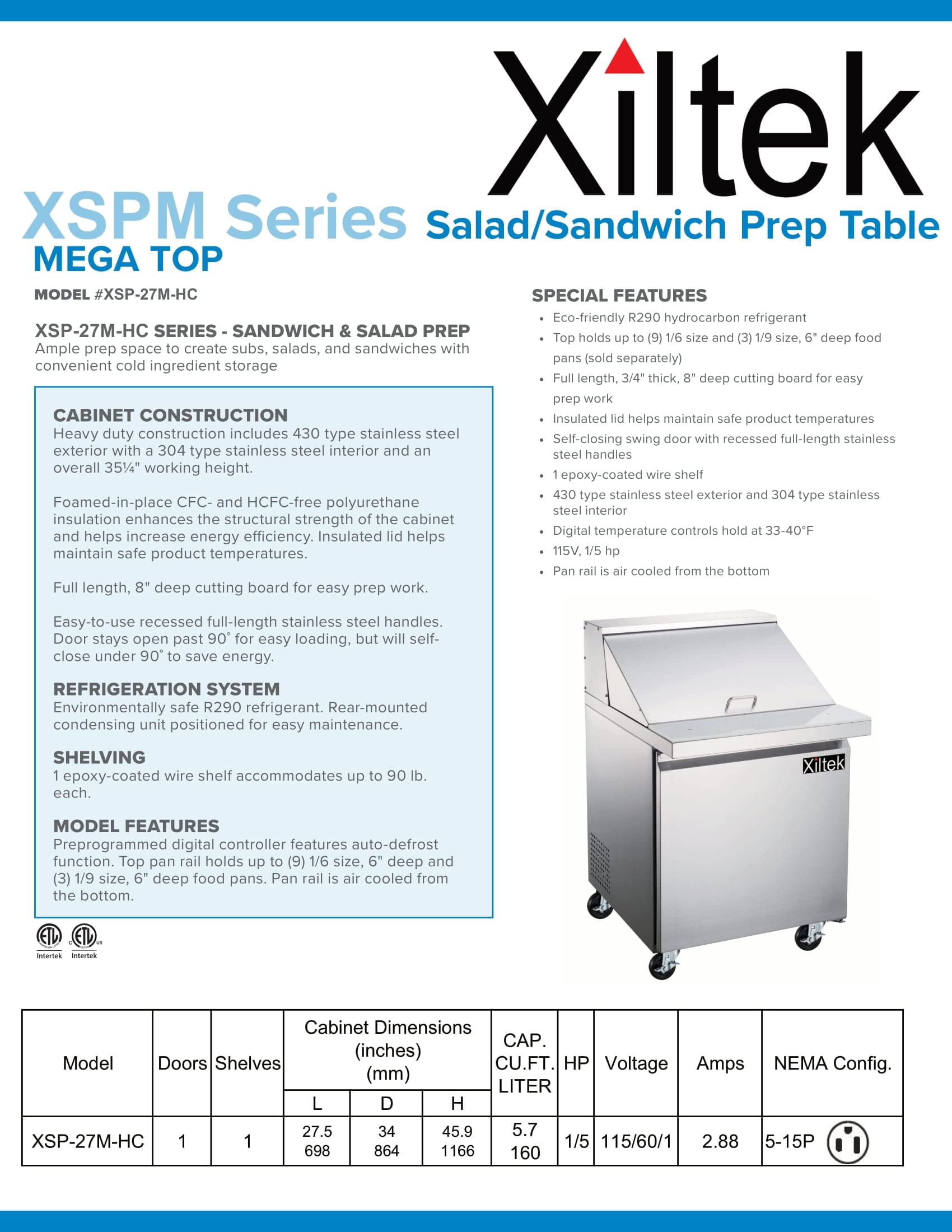 New Xiltek 27? One Door Mega Top Sandwich Salad Prep Refrigerator with 12 Pans Included